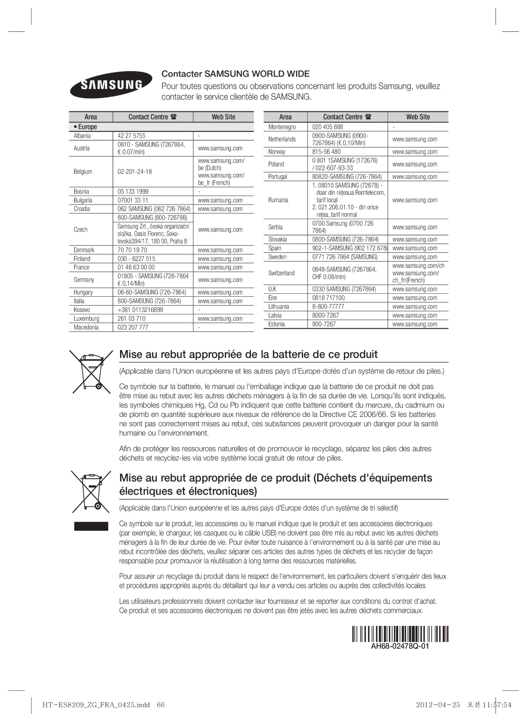 Samsung HT-ES8209/ZG manual Mise au rebut appropriée de la batterie de ce produit, AH68-02478Q-01 