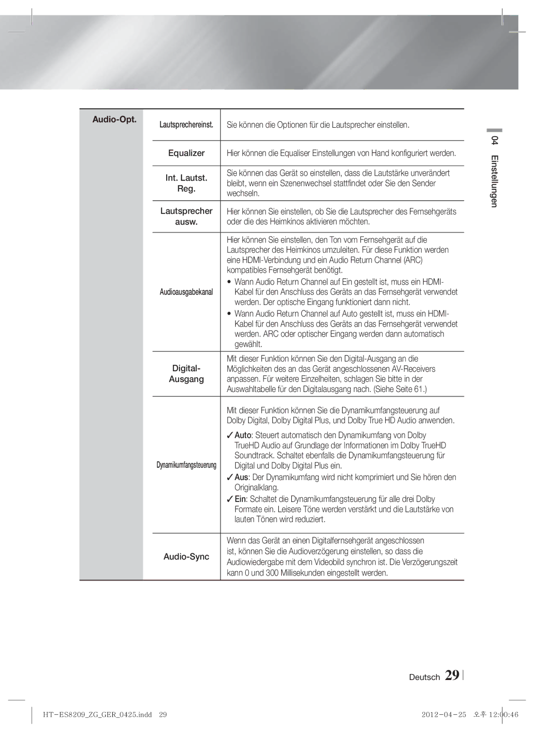 Samsung HT-ES8209/ZG manual Audio-Opt 