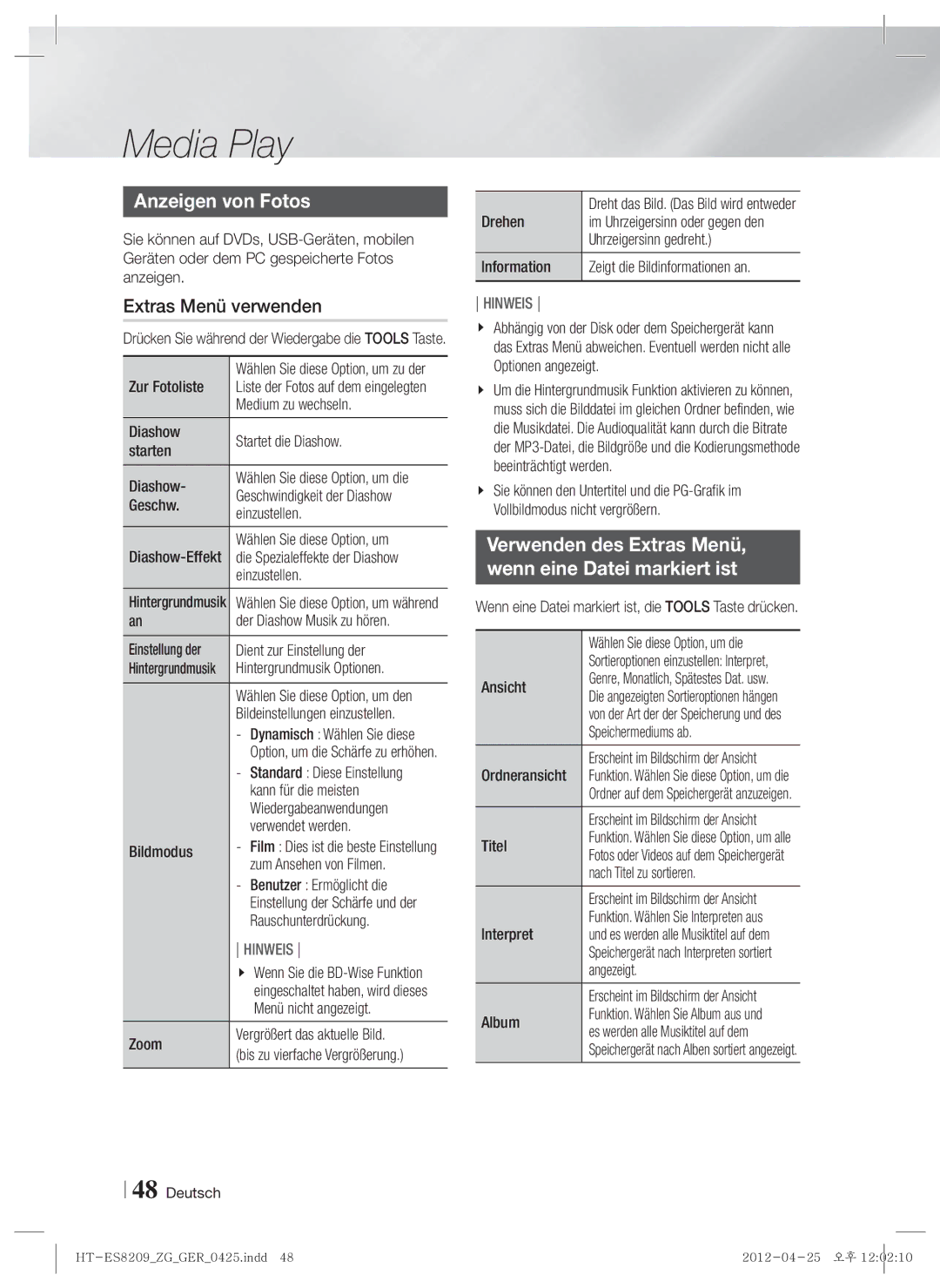 Samsung HT-ES8209/ZG manual Anzeigen von Fotos, Verwenden des Extras Menü Wenn eine Datei markiert ist 