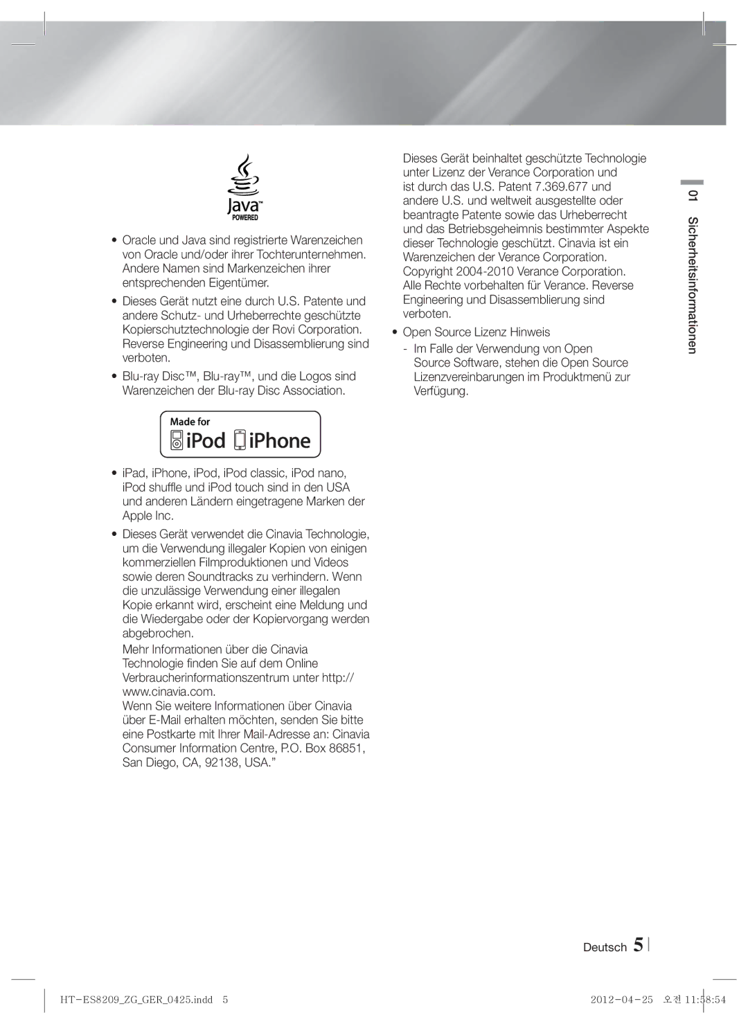 Samsung HT-ES8209/ZG manual Sicherheitsinformationen Deutsch 