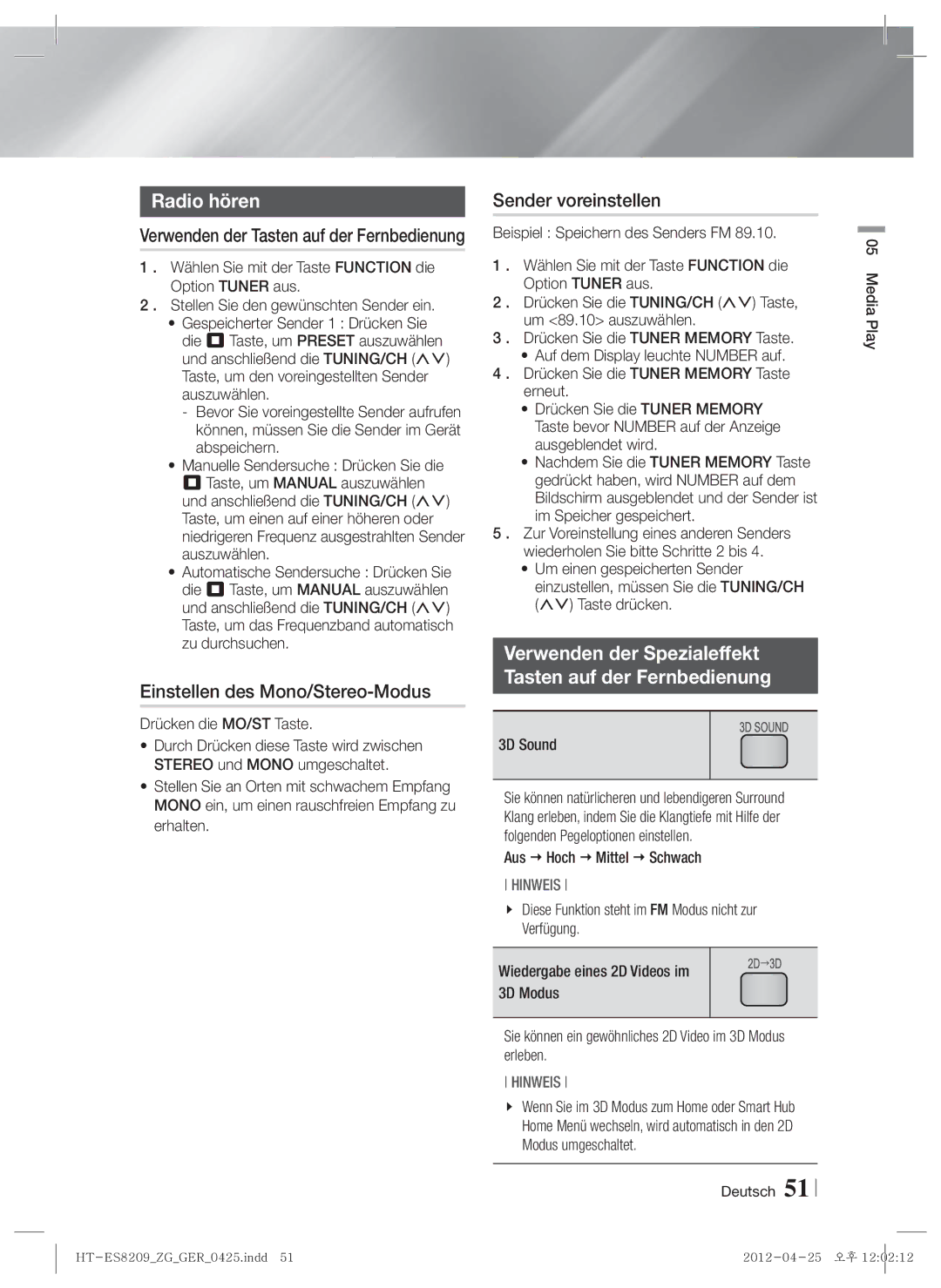 Samsung HT-ES8209/ZG manual Radio hören, Einstellen des Mono/Stereo-Modus, Sender voreinstellen 