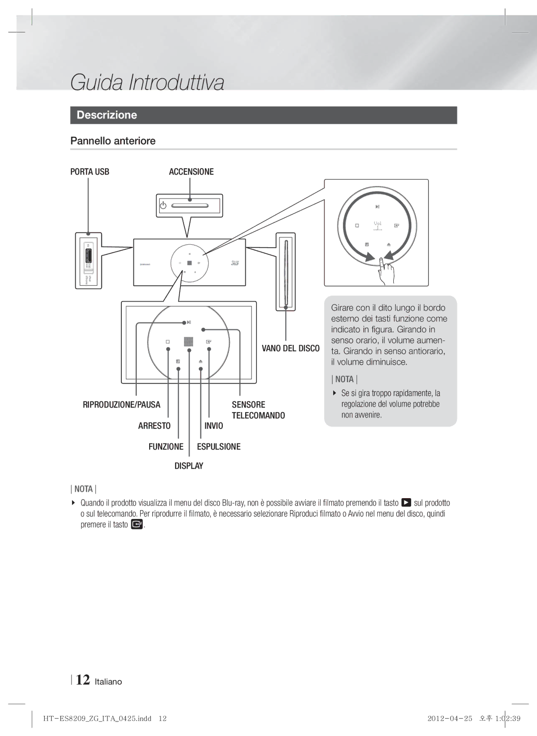 Samsung HT-ES8209/ZG manual Descrizione, Pannello anteriore, Porta USB, Display 