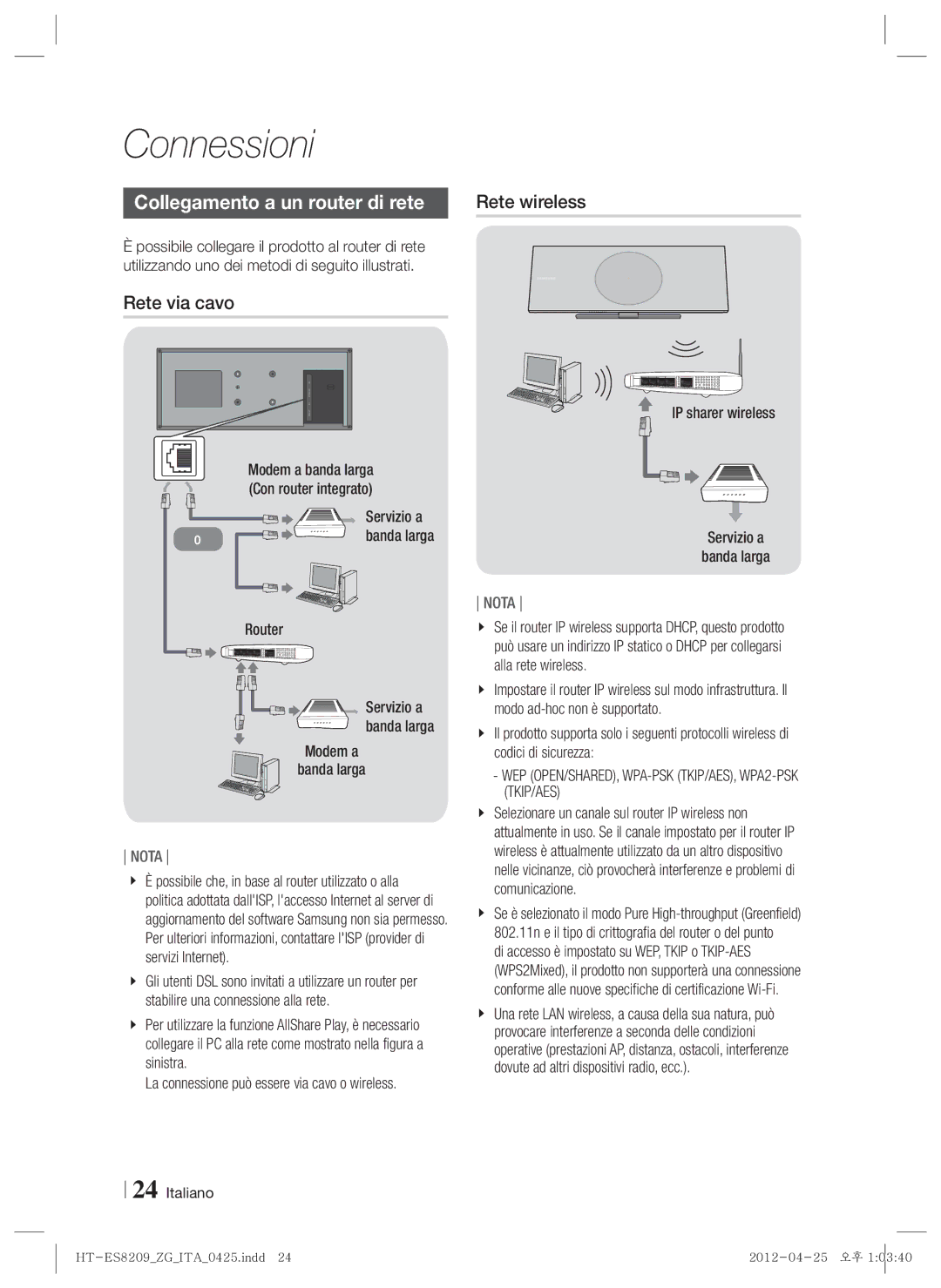 Samsung HT-ES8209/ZG manual Collegamento a un router di rete, Rete via cavo, Router, Banda larga Modem a 