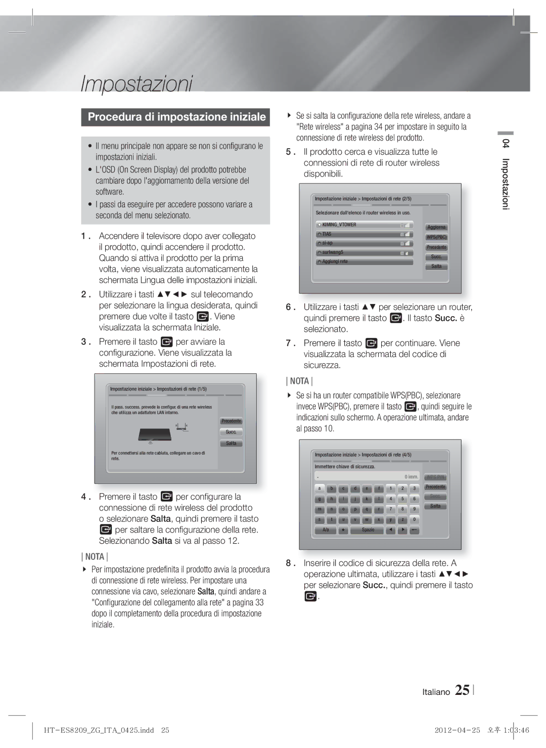 Samsung HT-ES8209/ZG manual Procedura di impostazione iniziale, Italiano Impostazioni 