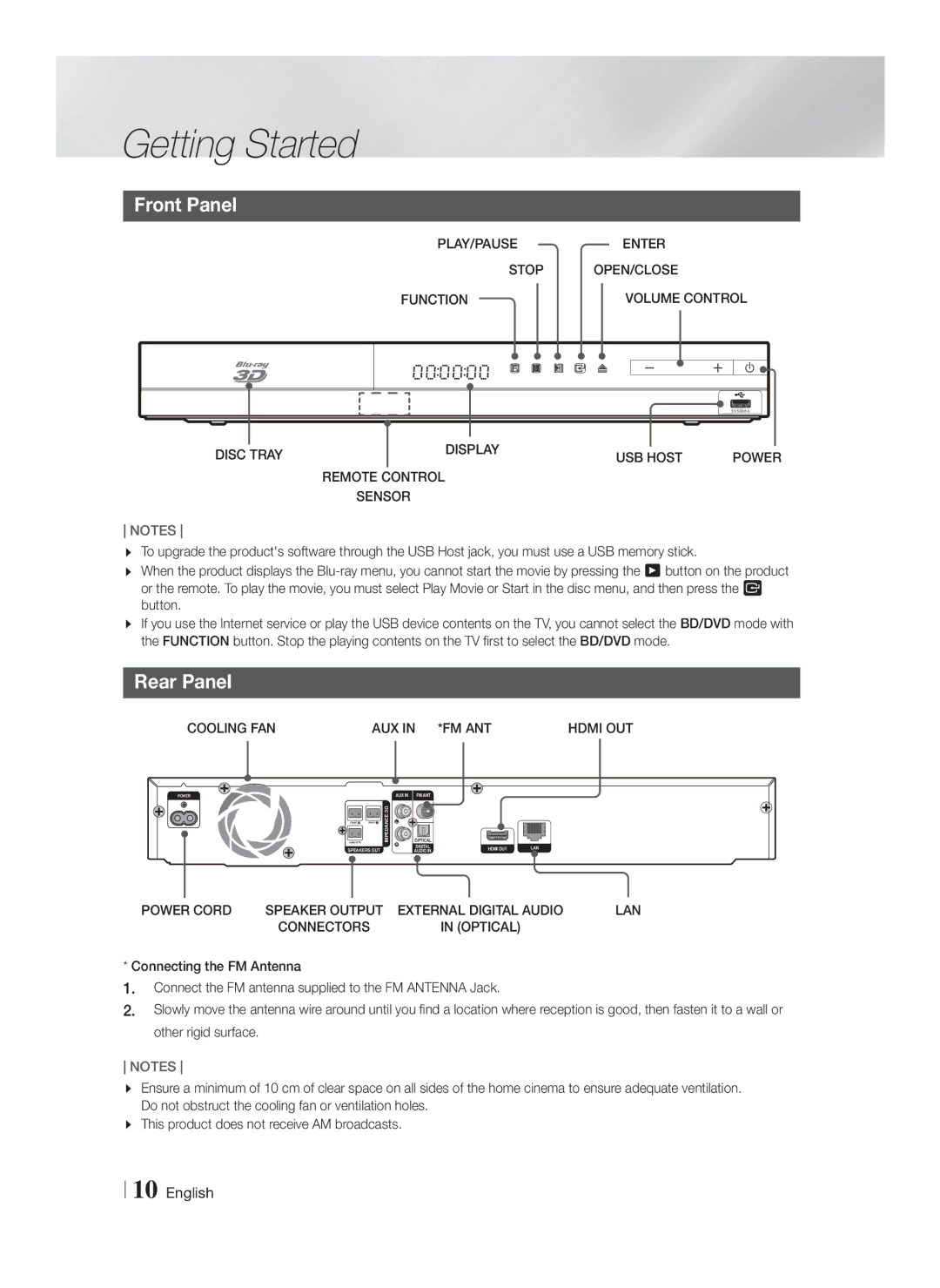 Samsung HT-F4200/EN, HT-F4200/ZF manual Front Panel, Rear Panel 