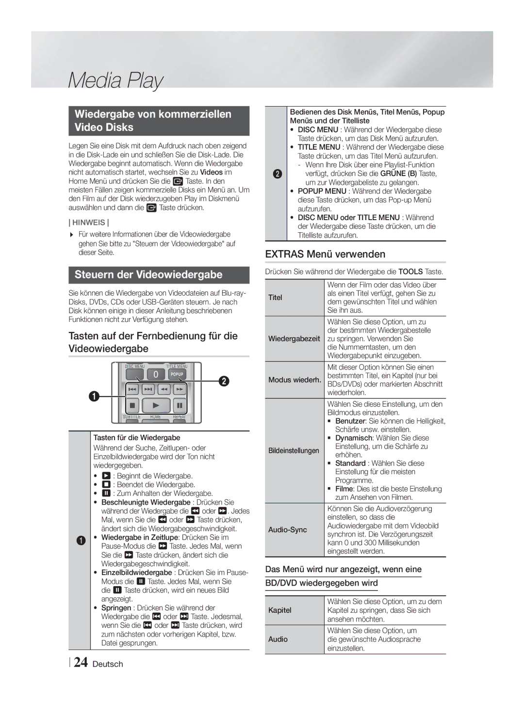 Samsung HT-F4200/EN manual Wiedergabe von kommerziellen Video Disks, Steuern der Videowiedergabe, Extras Menü verwenden 