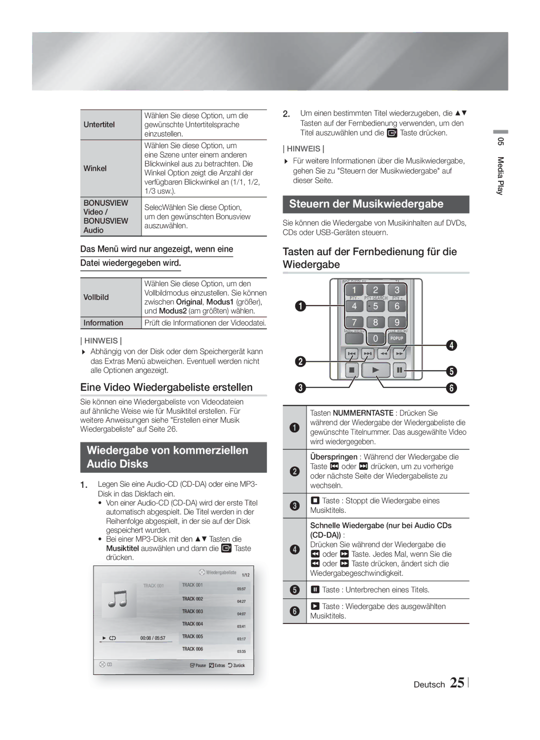 Samsung HT-F4200/ZF, HT-F4200/EN manual Eine Video Wiedergabeliste erstellen, Wiedergabe von kommerziellen Audio Disks 