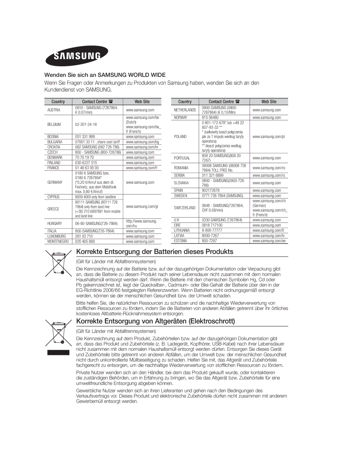 Samsung HT-F4200/EN Korrekte Entsorgung der Batterien dieses Produkts, Korrekte Entsorgung von Altgeräten Elektroschrott 