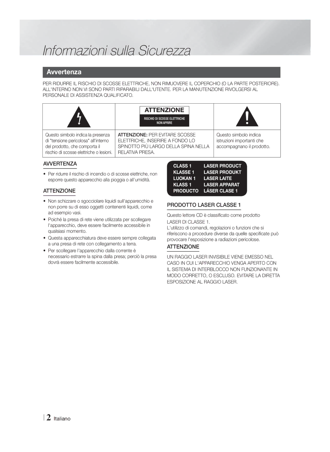 Samsung HT-F4200/EN, HT-F4200/ZF manual Informazioni sulla Sicurezza, Avvertenza 