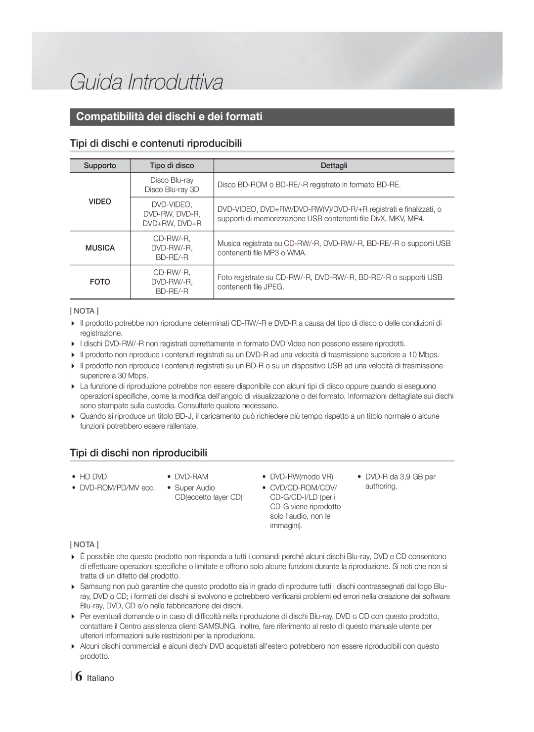 Samsung HT-F4200/EN Guida Introduttiva, Compatibilità dei dischi e dei formati, Tipi di dischi e contenuti riproducibili 