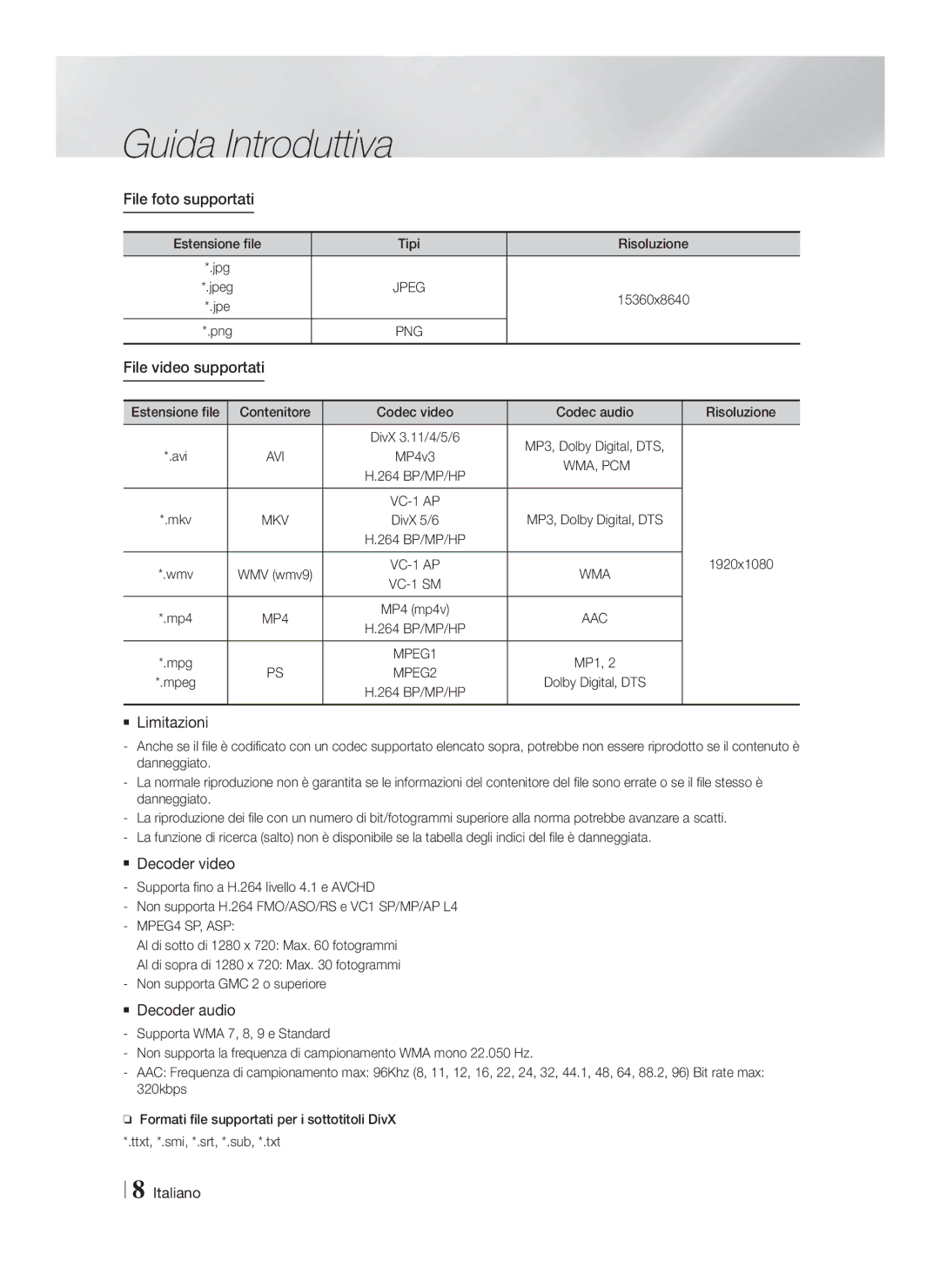 Samsung HT-F4200/EN manual File foto supportati, File video supportati,  Limitazioni,  Decoder video,  Decoder audio 