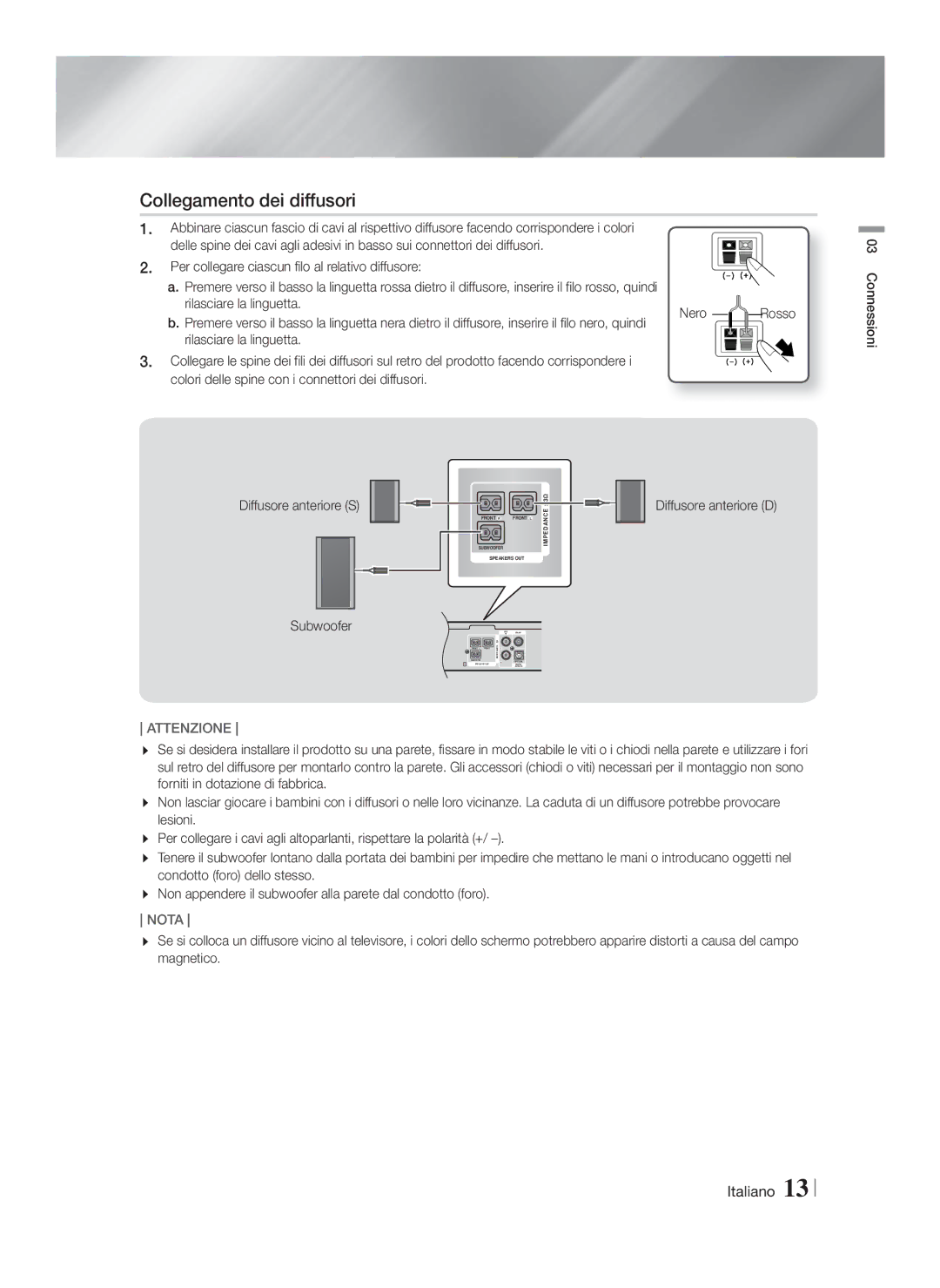 Samsung HT-F4200/ZF, HT-F4200/EN manual Collegamento dei diffusori, Rilasciare la linguetta Nero 