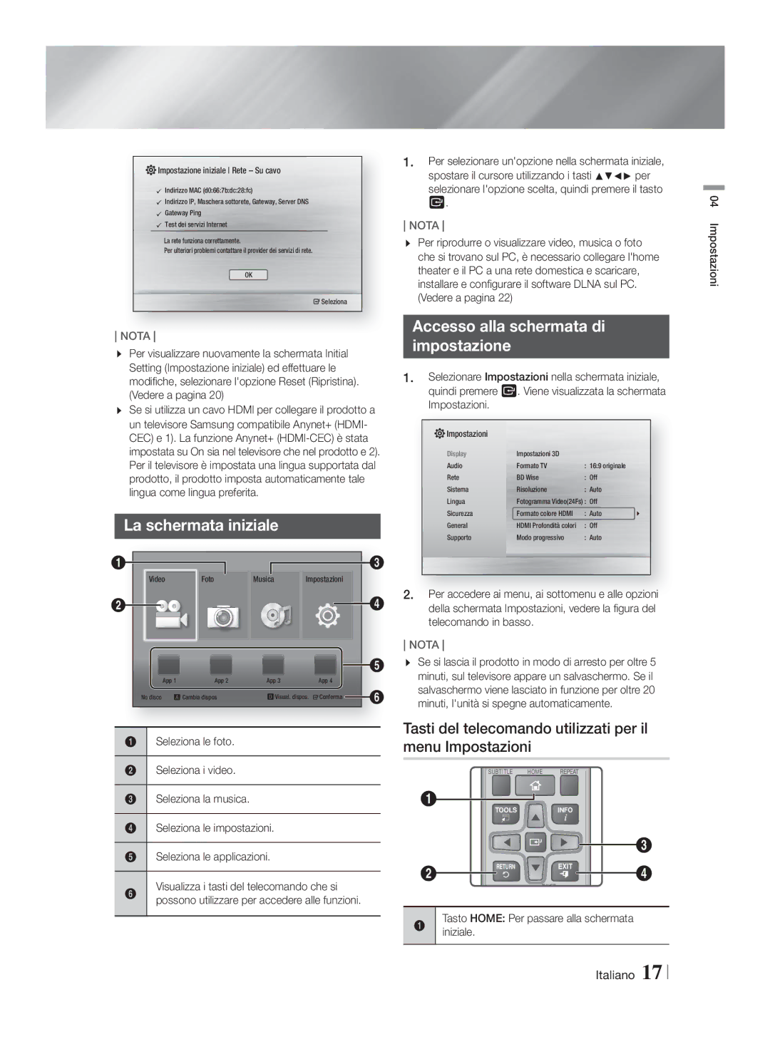 Samsung HT-F4200/ZF, HT-F4200/EN manual La schermata iniziale, Accesso alla schermata di Impostazione 