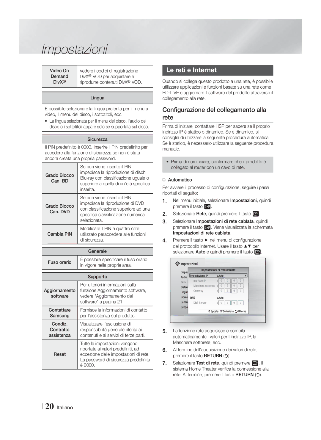 Samsung HT-F4200/EN, HT-F4200/ZF manual Le reti e Internet, Configurazione del collegamento alla rete 