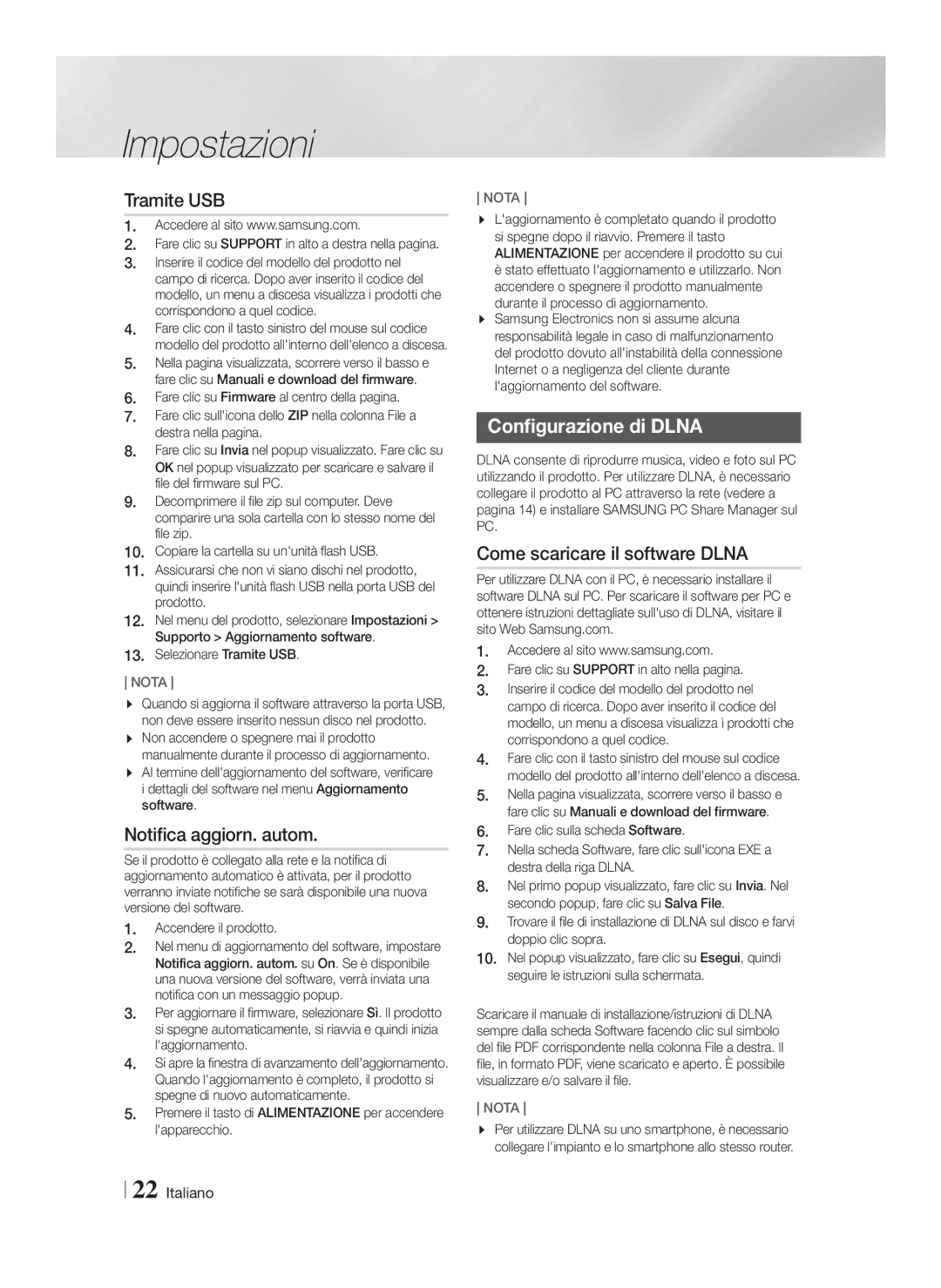 Samsung HT-F4200/EN manual Tramite USB, Notifica aggiorn. autom, Configurazione di Dlna, Come scaricare il software Dlna 
