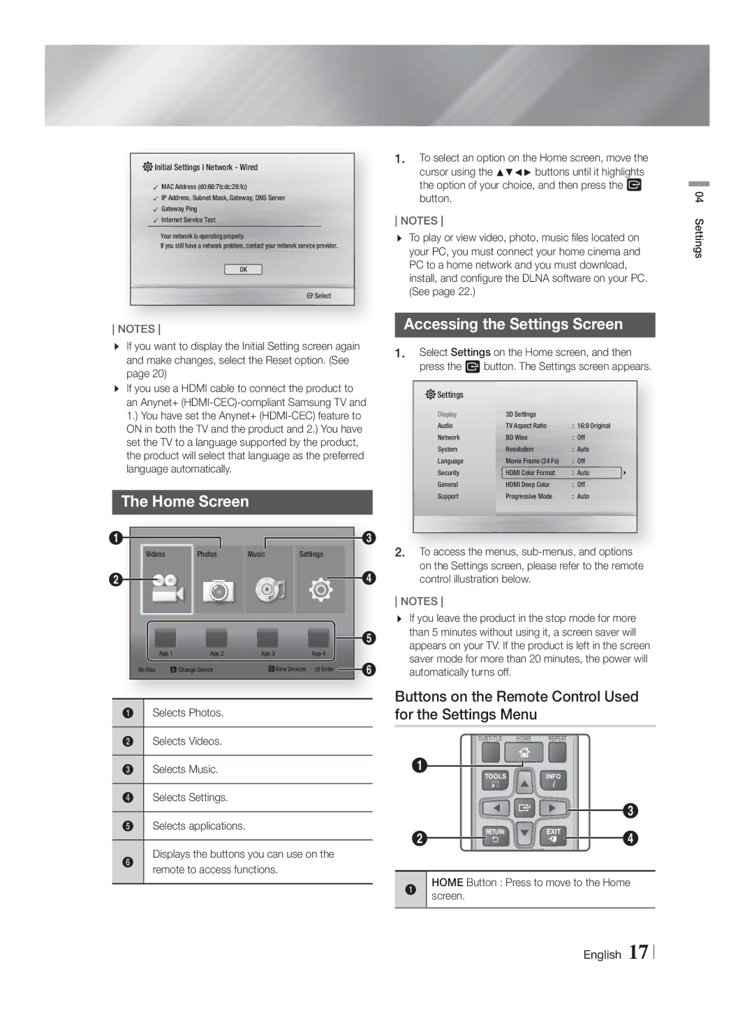 Samsung HT-F4200/ZF Home Screen, Accessing the Settings Screen, Buttons on the Remote Control Used for the Settings Menu 