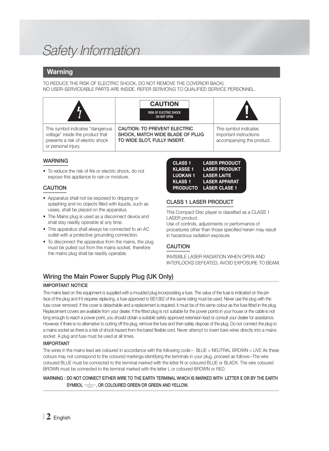 Samsung HT-F4200/EN, HT-F4200/ZF manual Safety Information, Wiring the Main Power Supply Plug UK Only 