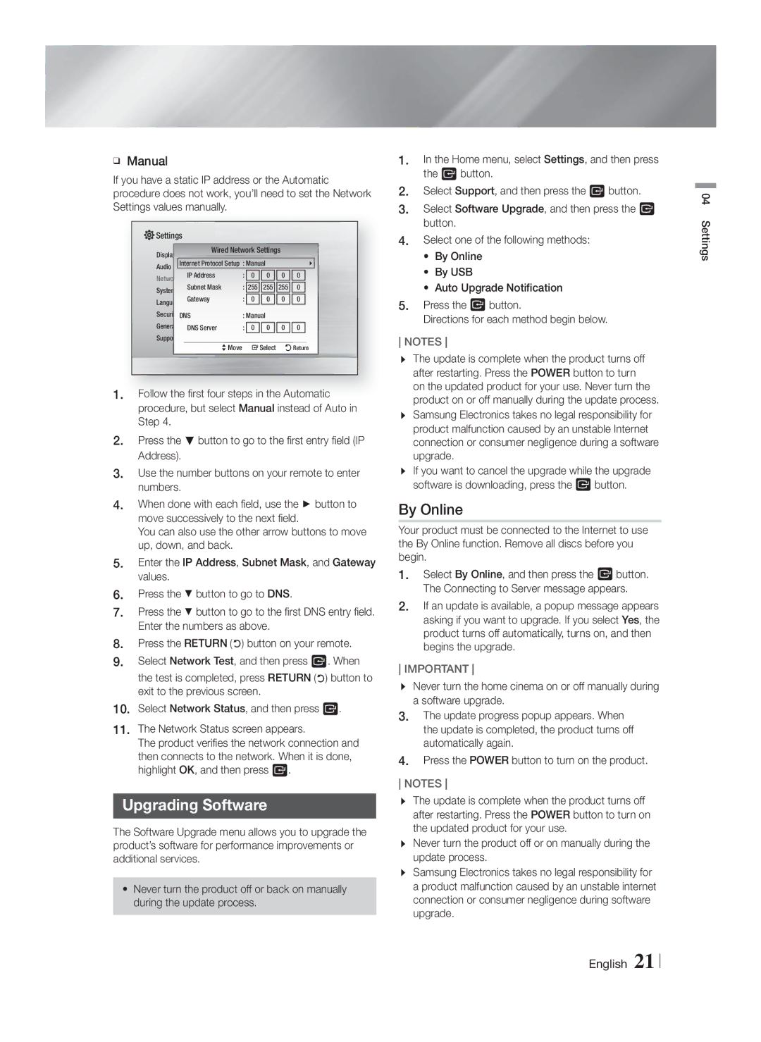 Samsung HT-F4200/ZF, HT-F4200/EN manual Upgrading Software, By Online, Manual 