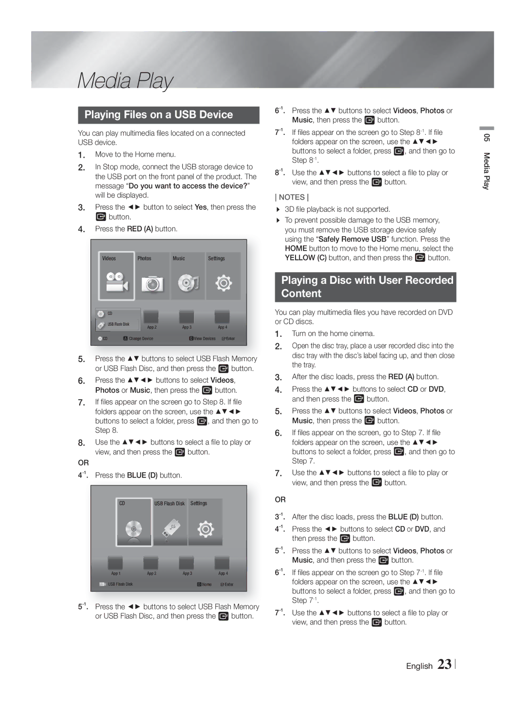 Samsung HT-F4200/ZF, HT-F4200/EN manual Media Play, Playing Files on a USB Device, Playing a Disc with User Recorded Content 