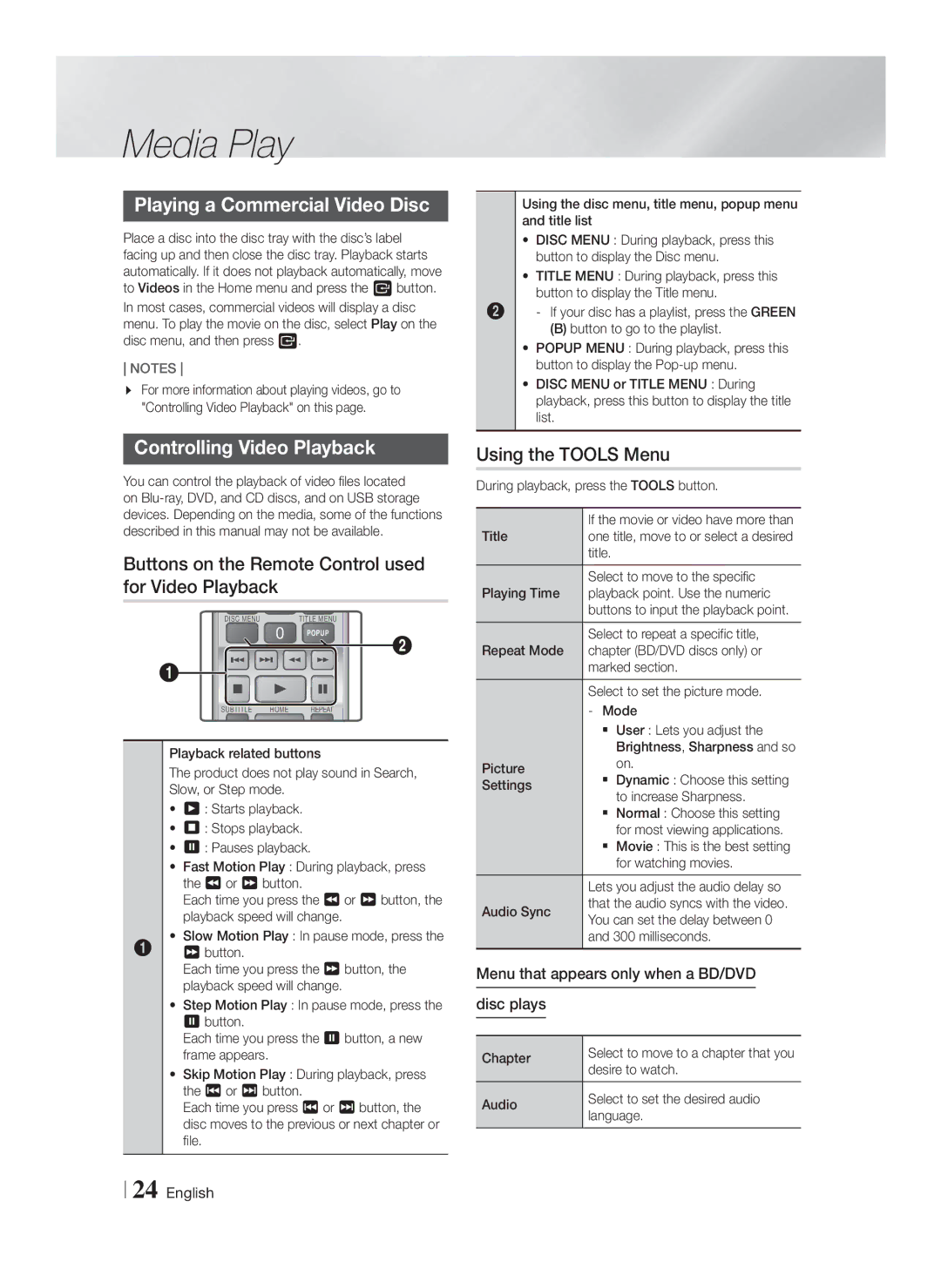 Samsung HT-F4200/EN, HT-F4200/ZF manual Playing a Commercial Video Disc, Controlling Video Playback, Using the Tools Menu 