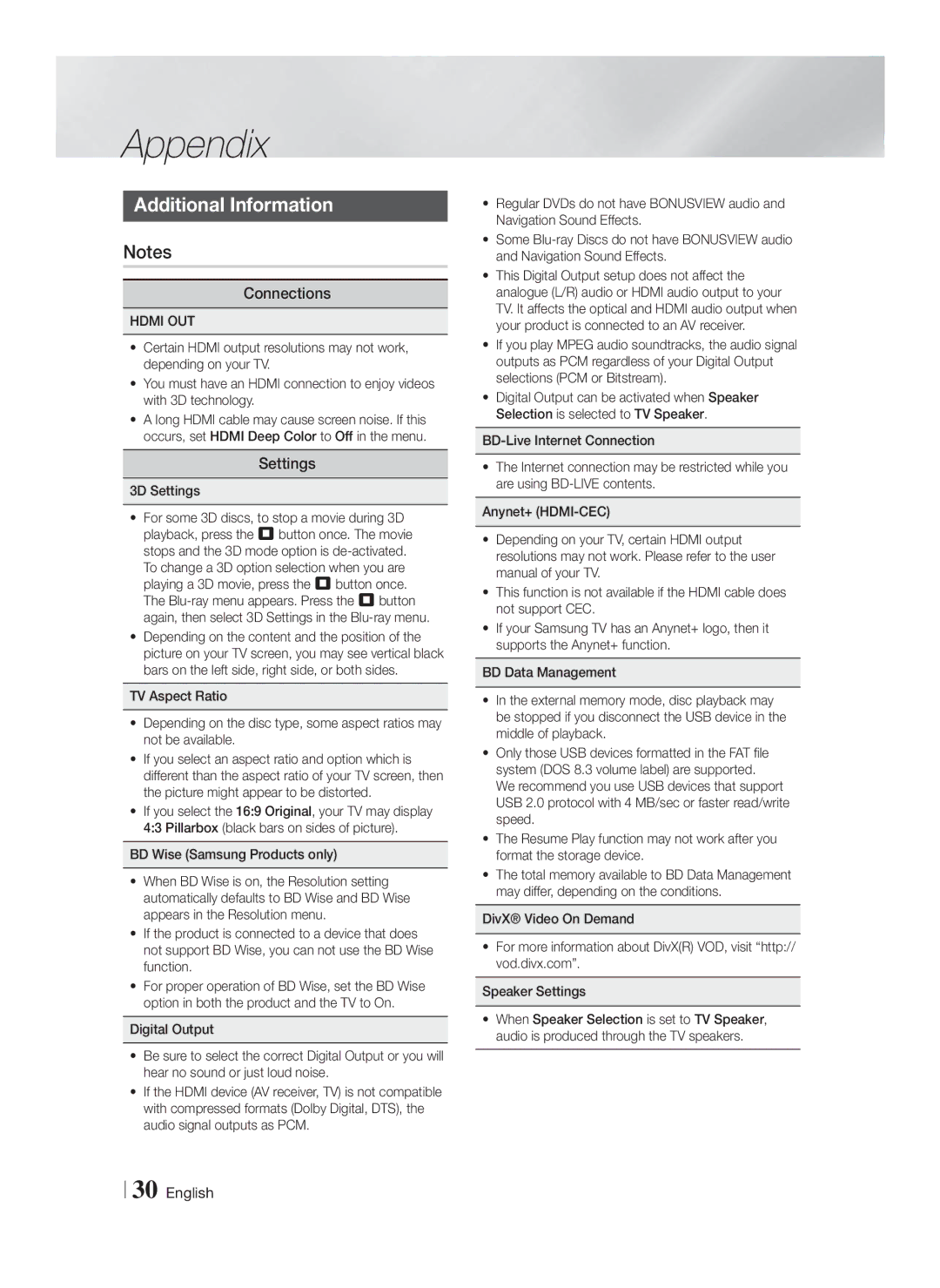 Samsung HT-F4200/EN, HT-F4200/ZF manual Appendix, Additional Information, Connections, Settings, Hdmi OUT 