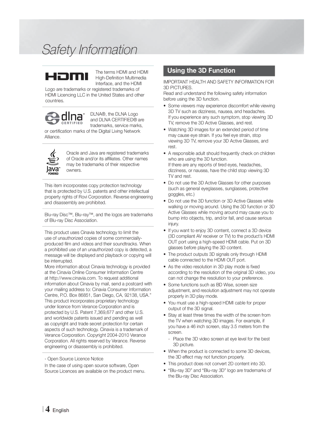 Samsung HT-F4200/EN, HT-F4200/ZF manual Using the 3D Function, Open Source Licence Notice 