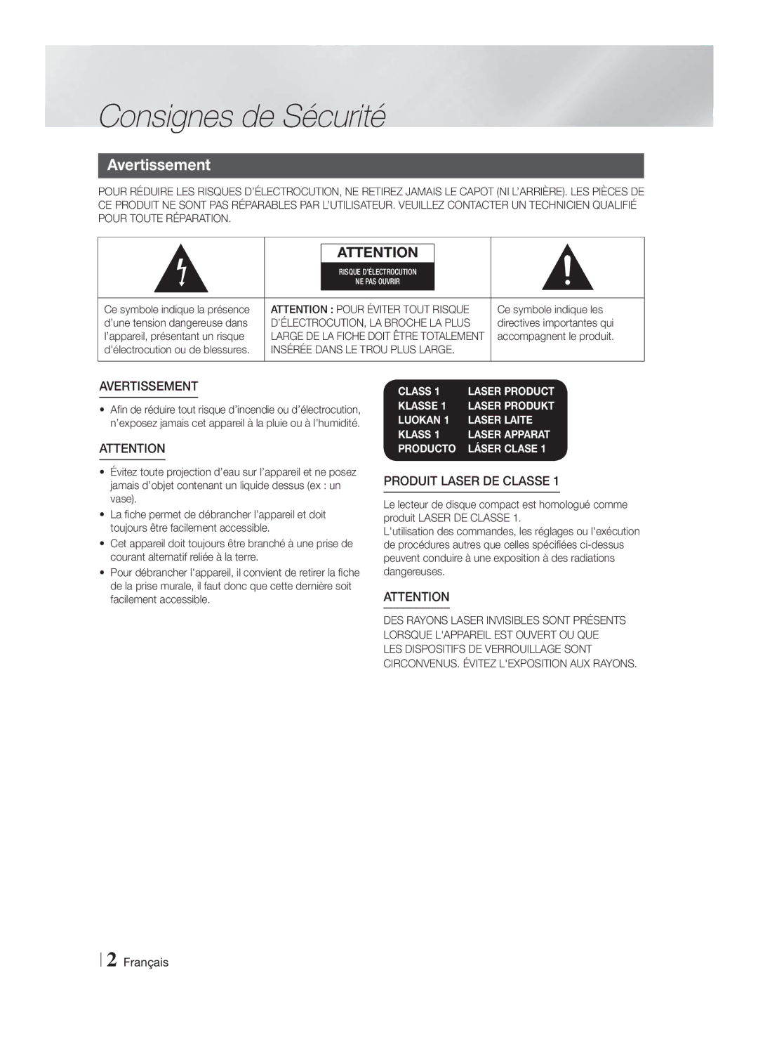 Samsung HT-F4200/EN, HT-F4200/ZF manual Consignes de Sécurité, Avertissement, Insérée Dans LE Trou Plus Large 