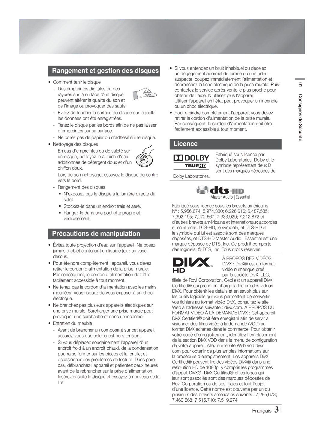 Samsung HT-F4200/ZF, HT-F4200/EN Rangement et gestion des disques, Précautions de manipulation, Comment tenir le disque 