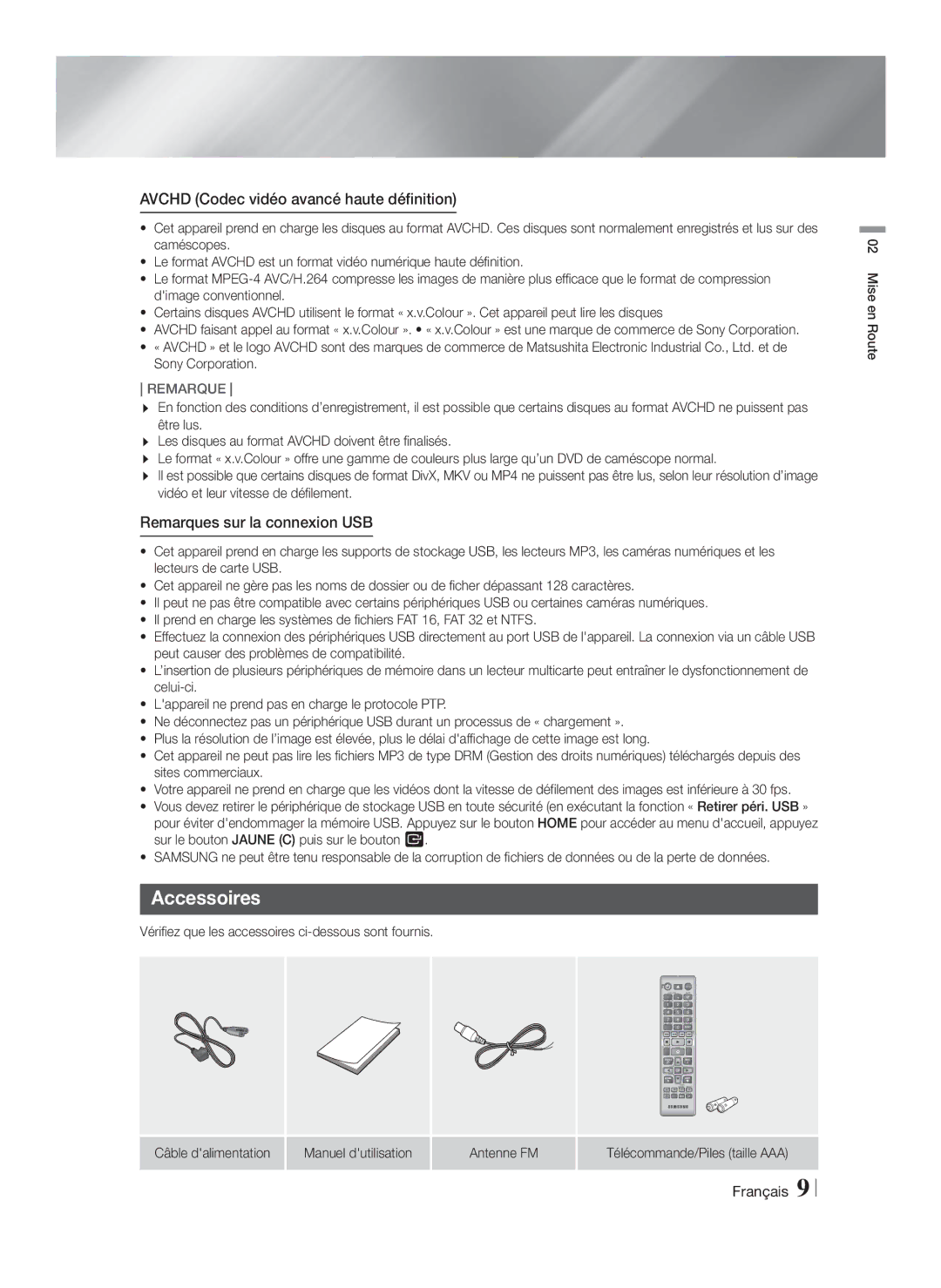 Samsung HT-F4200/ZF, HT-F4200/EN Accessoires, Avchd Codec vidéo avancé haute définition, Remarques sur la connexion USB 