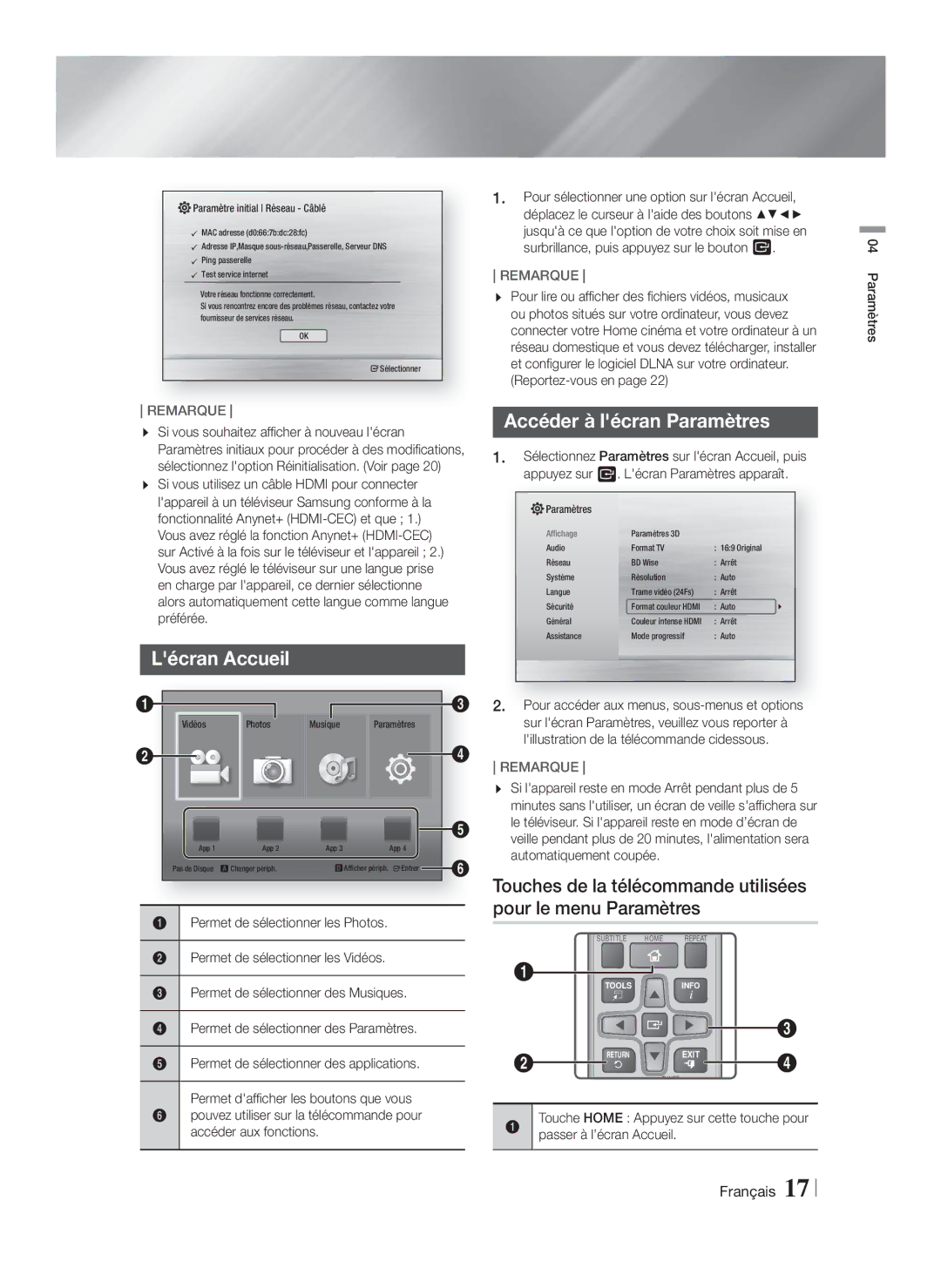 Samsung HT-F4200/ZF, HT-F4200/EN manual Lécran Accueil, Accéder à lécran Paramètres 