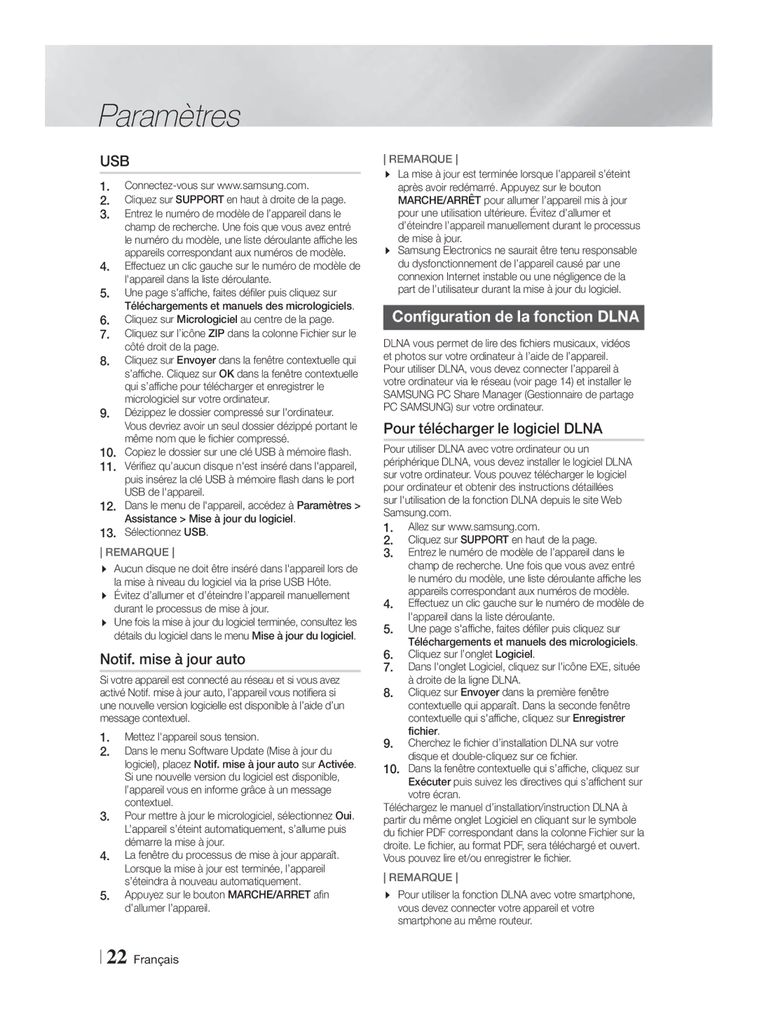 Samsung HT-F4200/EN manual Notif. mise à jour auto, Configuration de la fonction Dlna, Pour télécharger le logiciel Dlna 