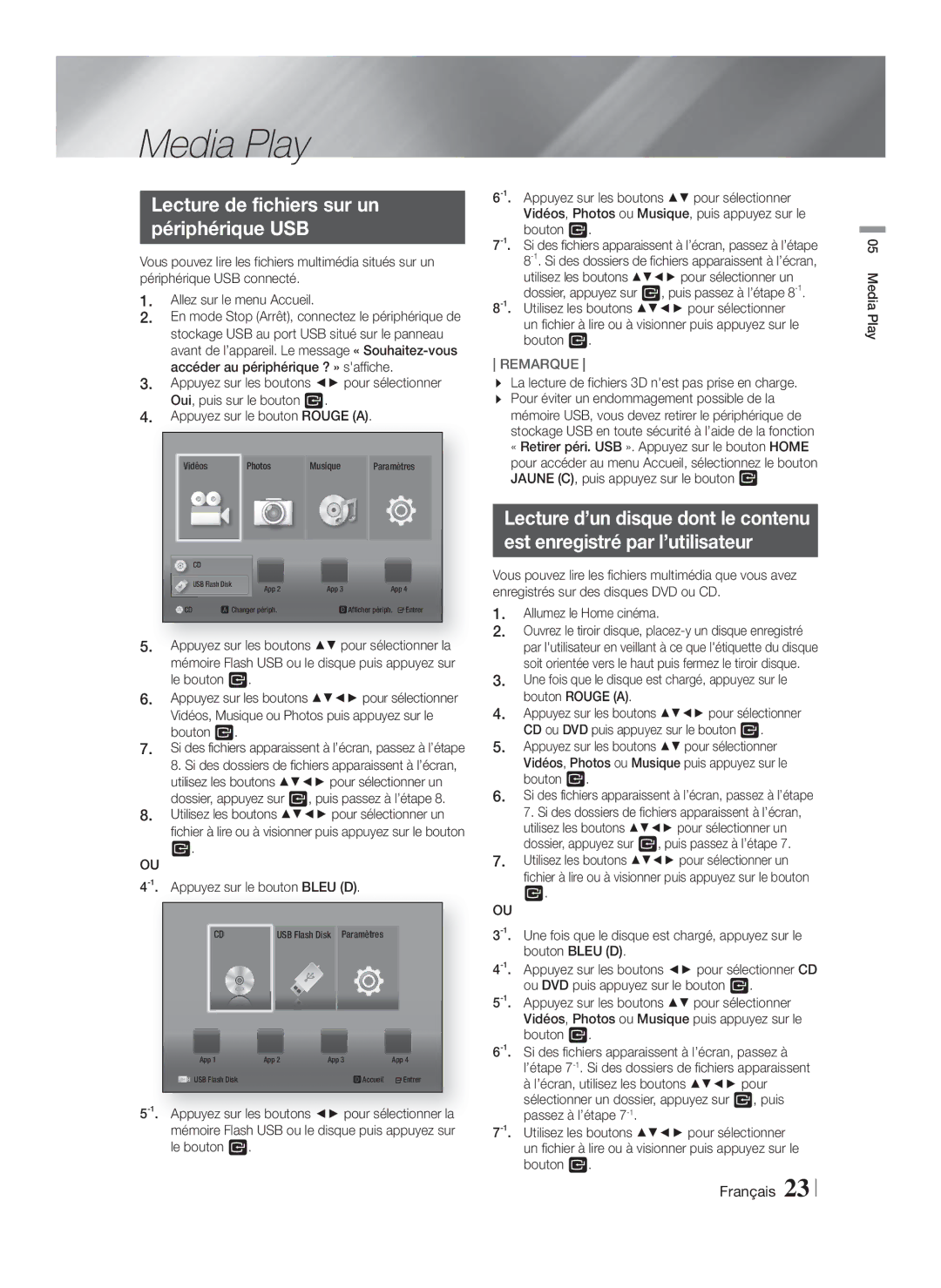 Samsung HT-F4200/ZF, HT-F4200/EN manual Lecture de fichiers sur un Périphérique USB, Appuyez sur le bouton Bleu D 