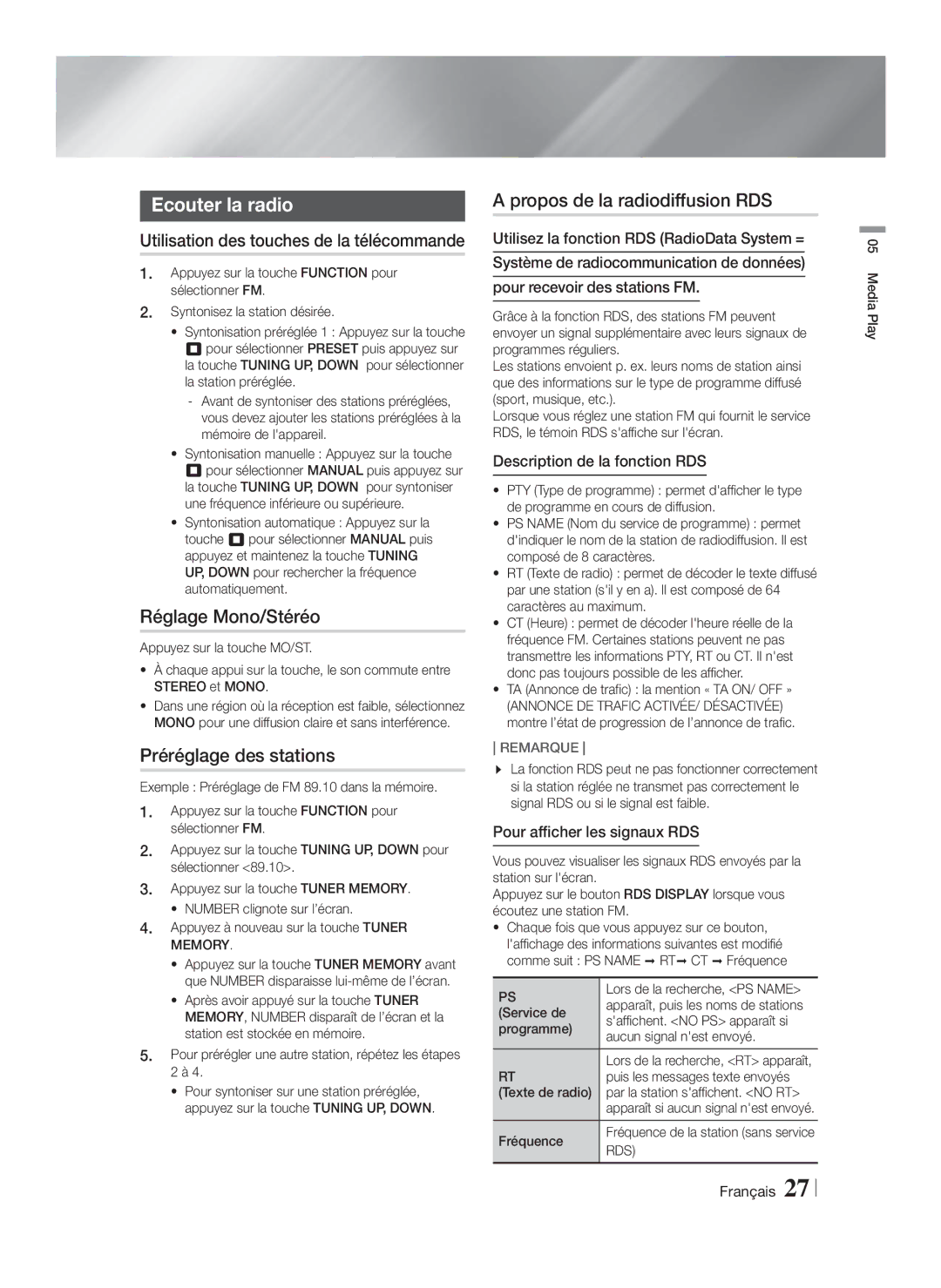 Samsung HT-F4200/ZF manual Ecouter la radio, Réglage Mono/Stéréo, Préréglage des stations, Propos de la radiodiffusion RDS 