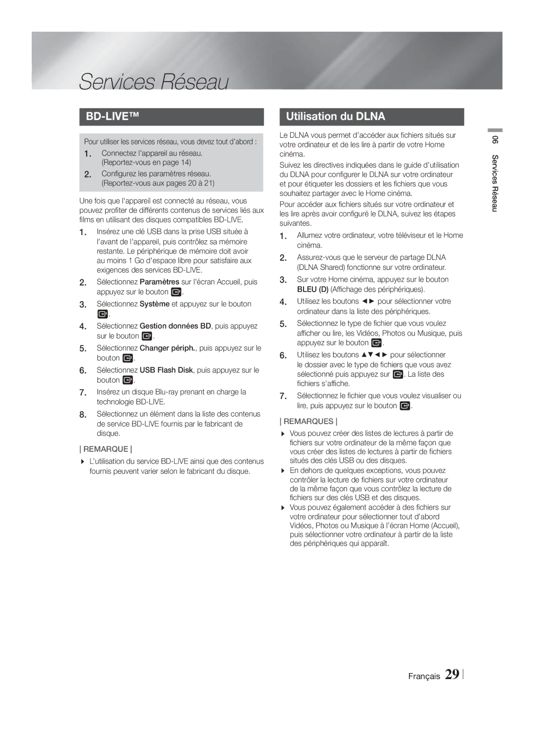 Samsung HT-F4200/ZF, HT-F4200/EN manual Services Réseau, Utilisation du Dlna 