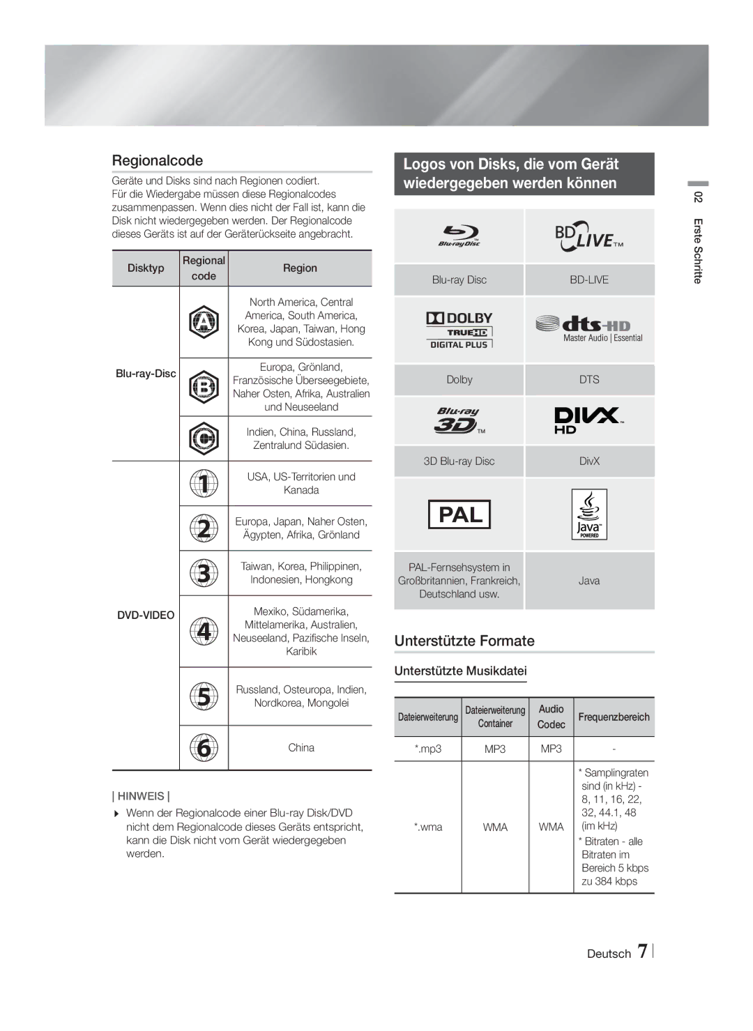 Samsung HT-F4200/ZF manual Regionalcode, Logos von Disks, die vom Gerät Wiedergegeben werden können, Unterstützte Formate 