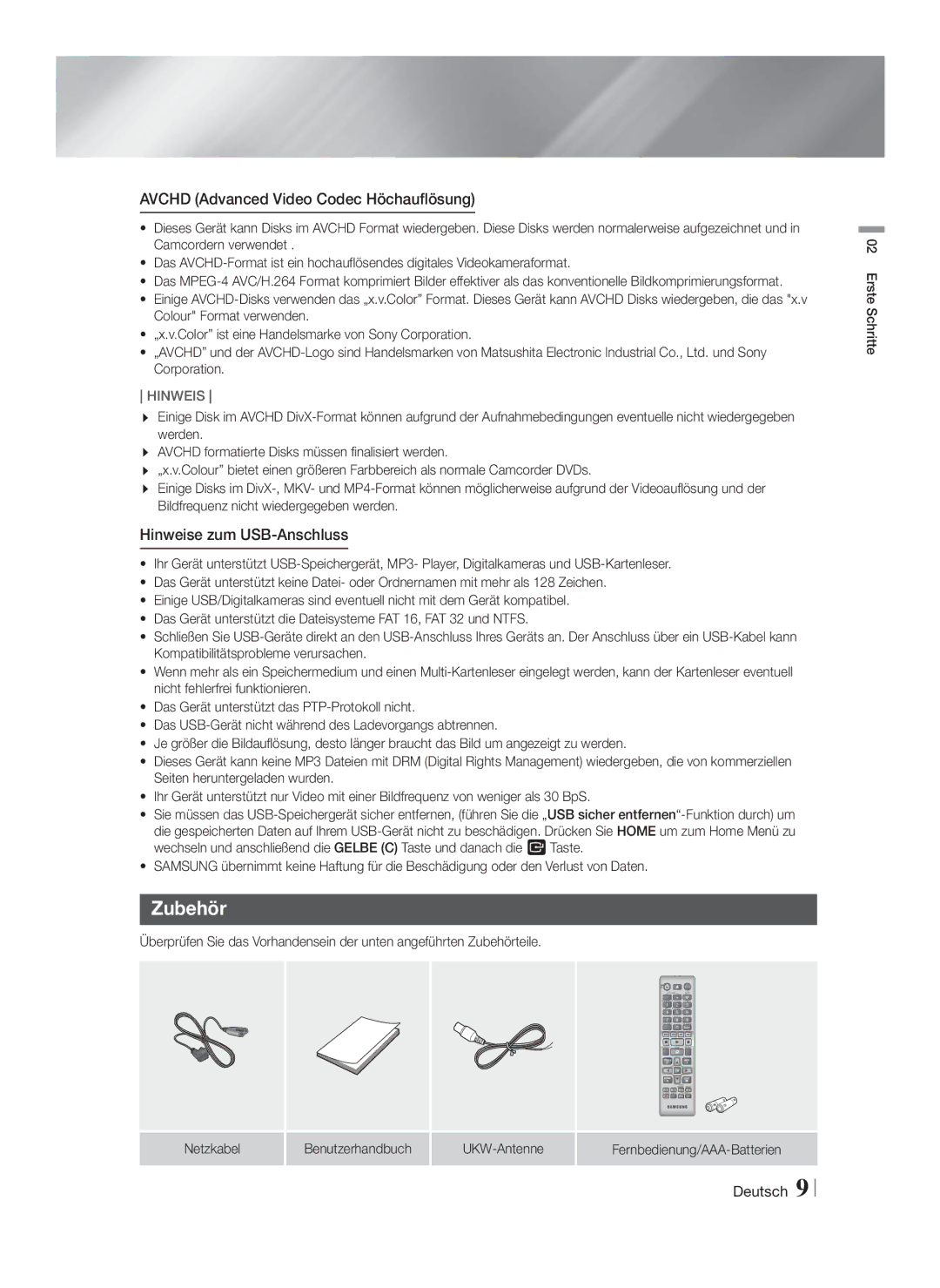 Samsung HT-F4200/ZF, HT-F4200/EN manual Zubehör, Avchd Advanced Video Codec Höchauflösung, Hinweise zum USB-Anschluss 