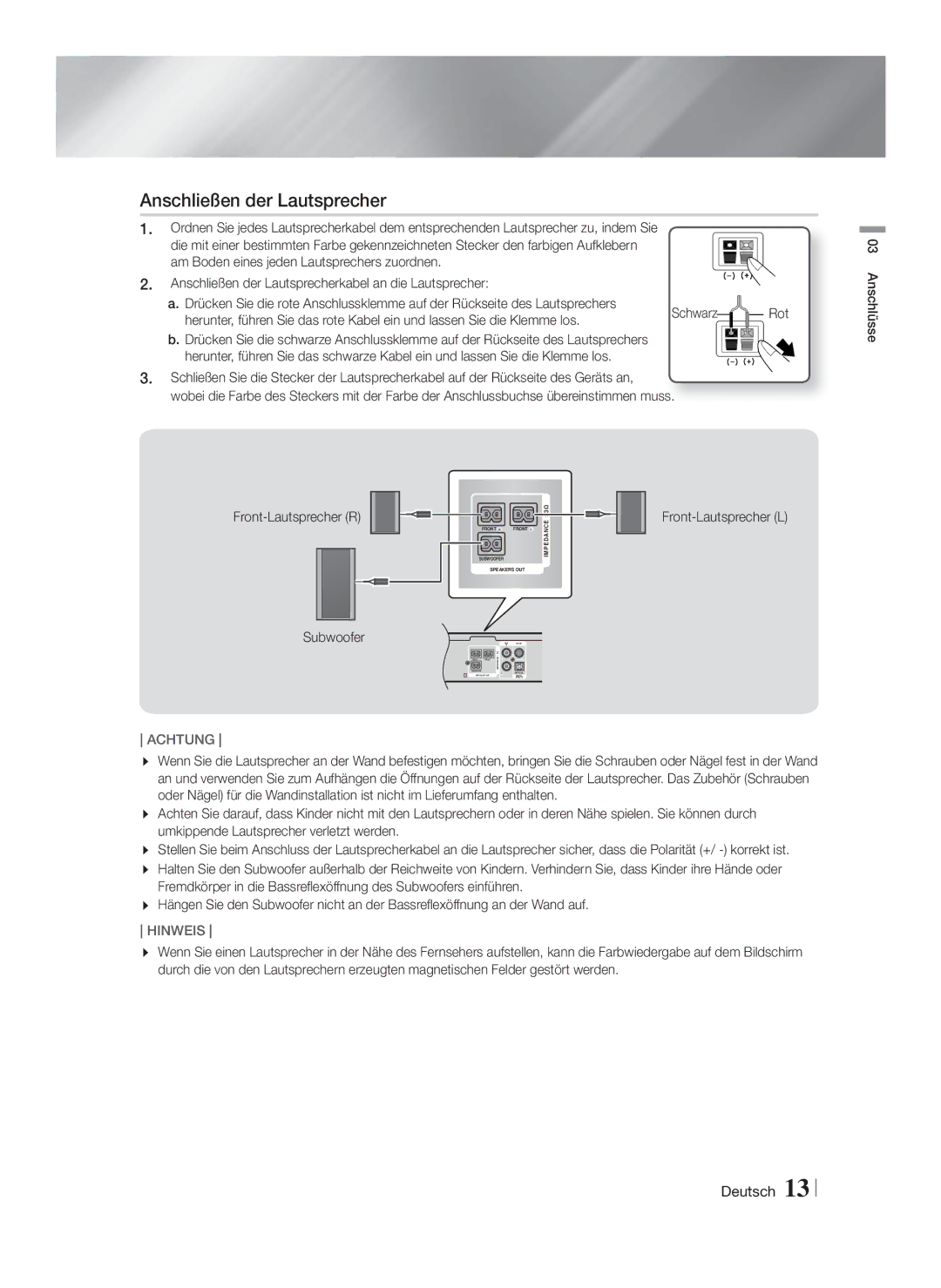 Samsung HT-F4200/ZF, HT-F4200/EN manual Anschließen der Lautsprecher, Front-Lautsprecher L Subwoofer 