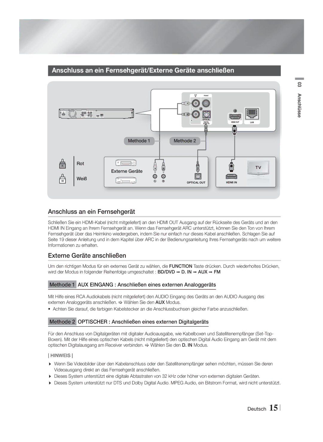 Samsung HT-F4200/ZF, HT-F4200/EN Anschluss an ein Fernsehgerät/Externe Geräte anschließen, Methode Rot Externe Geräte Weiß 