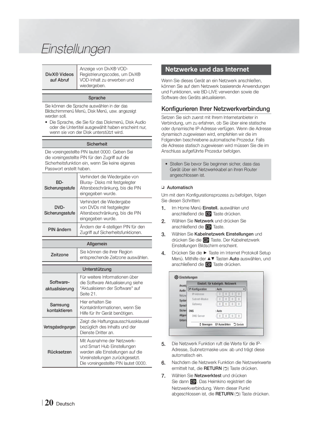 Samsung HT-F4200/EN, HT-F4200/ZF manual Netzwerke und das Internet, Konfigurieren Ihrer Netzwerkverbindung 