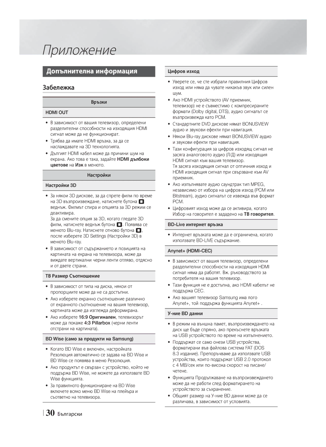 Samsung HT-F4200/EN manual Приложение, Допълнителна информация, Забележка, 30 Български, Hdmi OUT 