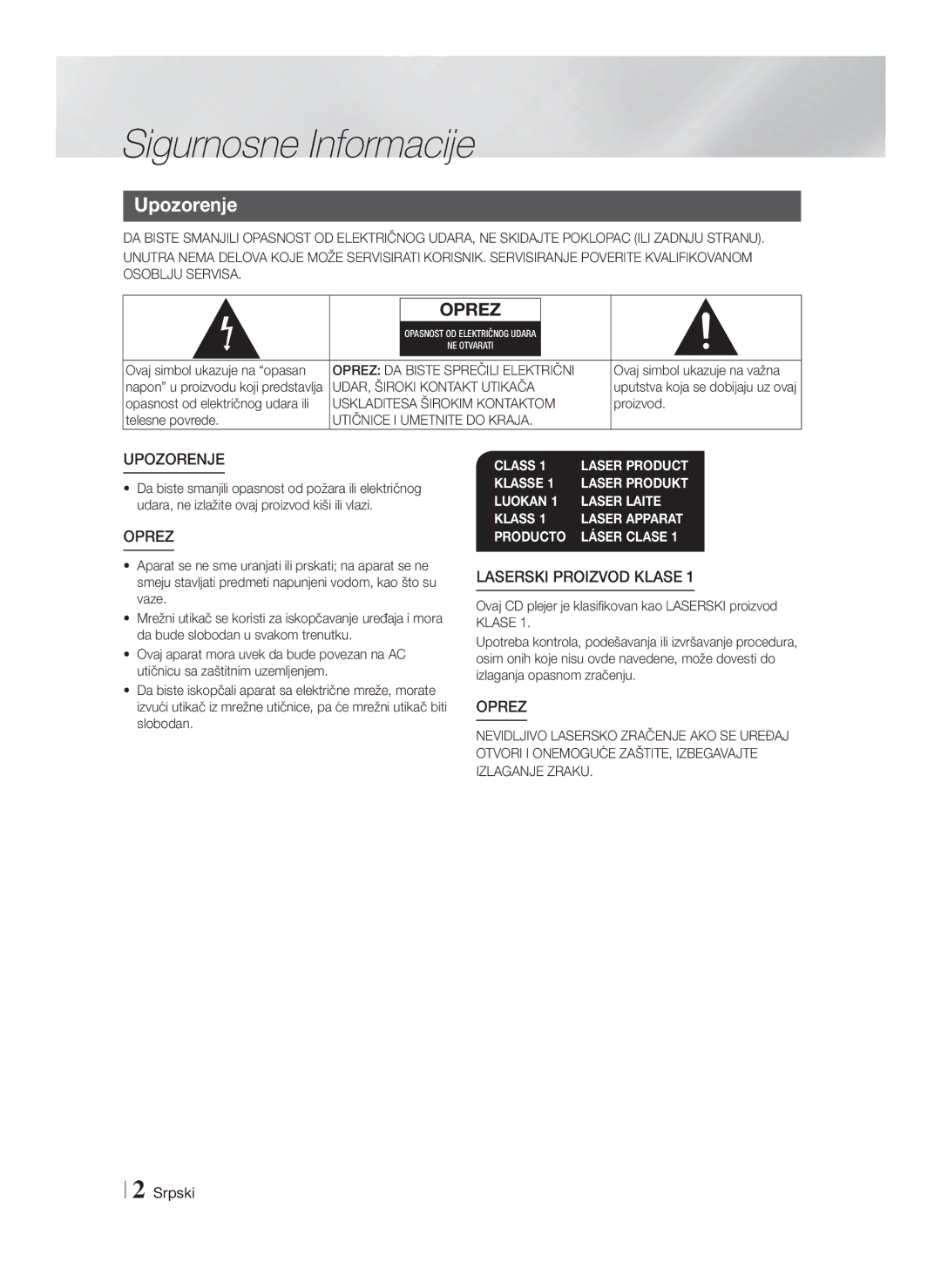 Samsung HT-F4200/EN manual Sigurnosne Informacije, Upozorenje, Srpski 