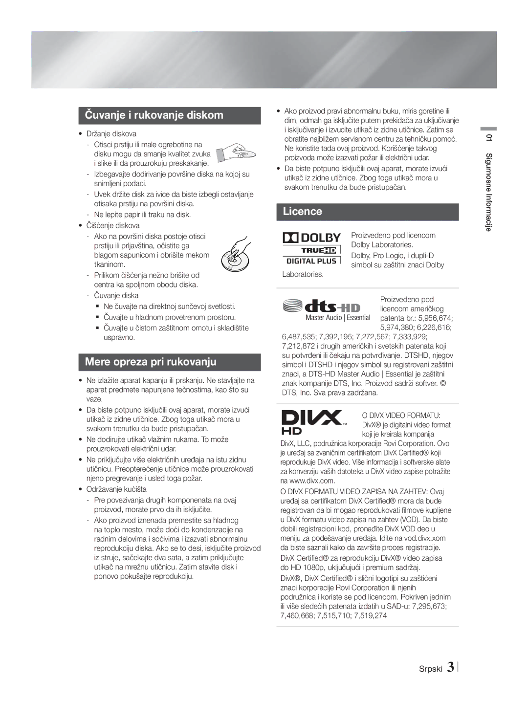 Samsung HT-F4200/EN manual Čuvanje i rukovanje diskom, Mere opreza pri rukovanju, Licence, Divx Video Formatu 