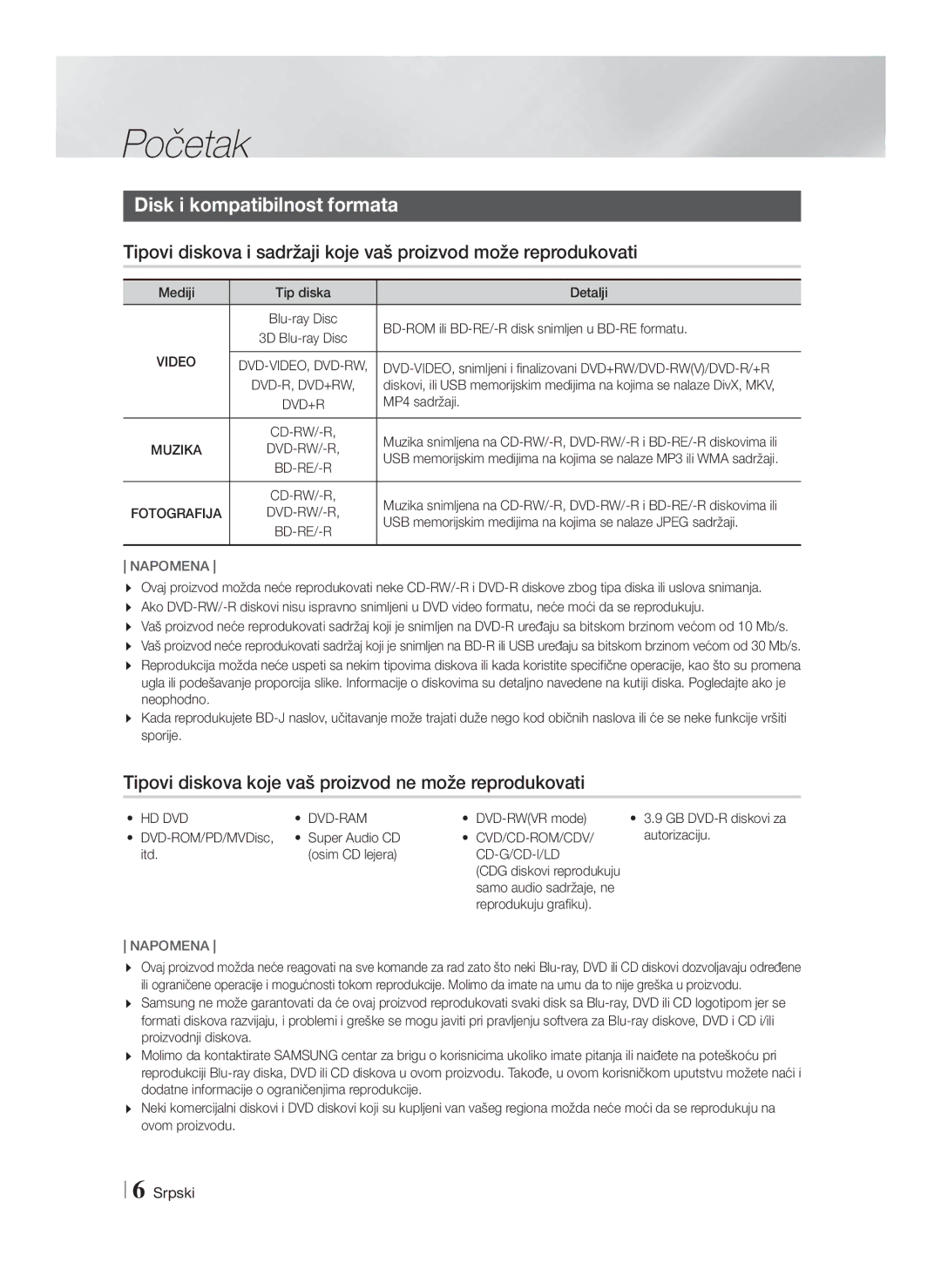 Samsung HT-F4200/EN manual Početak, Disk i kompatibilnost formata, Tipovi diskova koje vaš proizvod ne može reprodukovati 