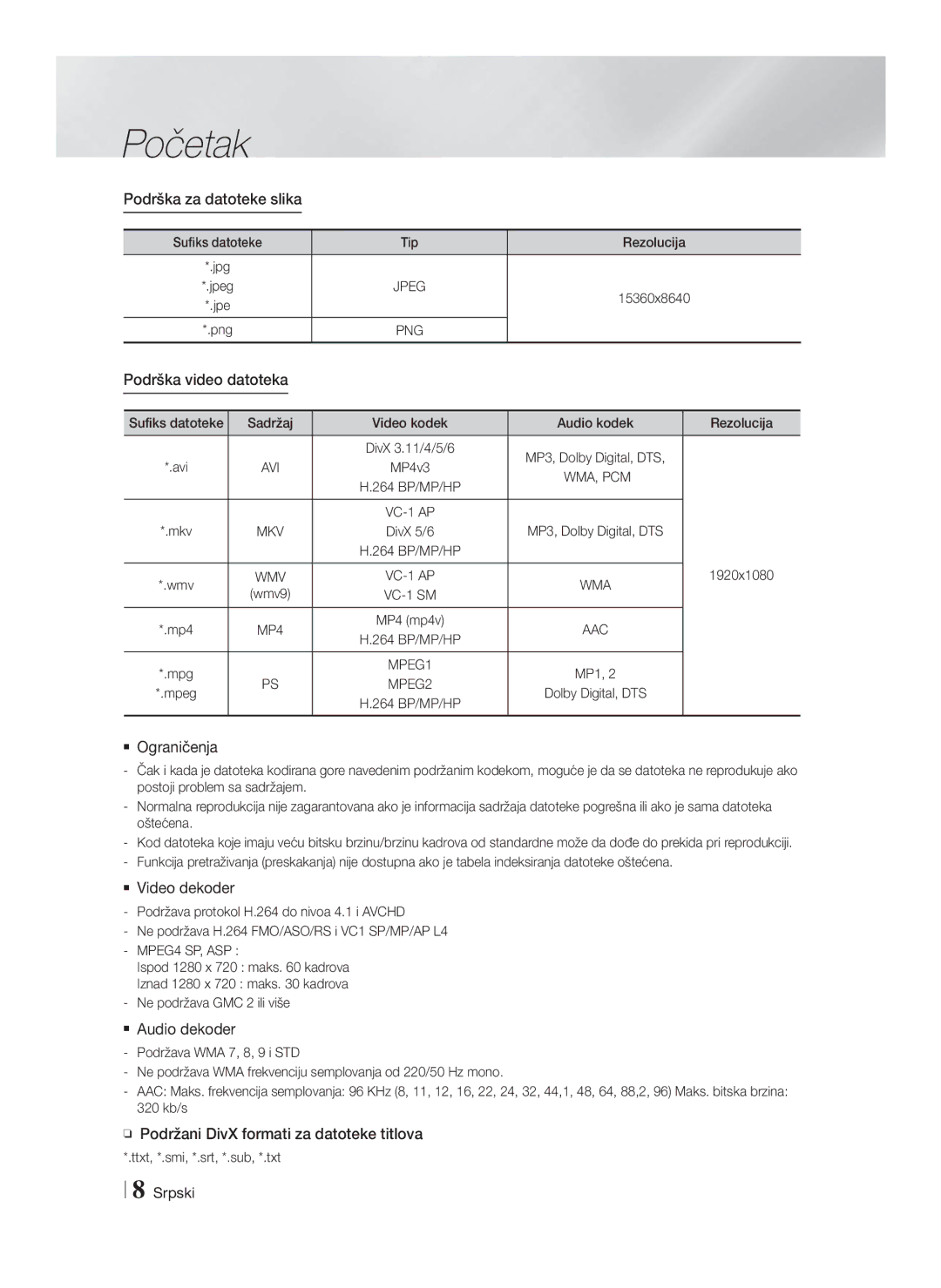 Samsung HT-F4200/EN Podrška za datoteke slika, Podrška video datoteka,  Ograničenja,  Video dekoder,  Audio dekoder 