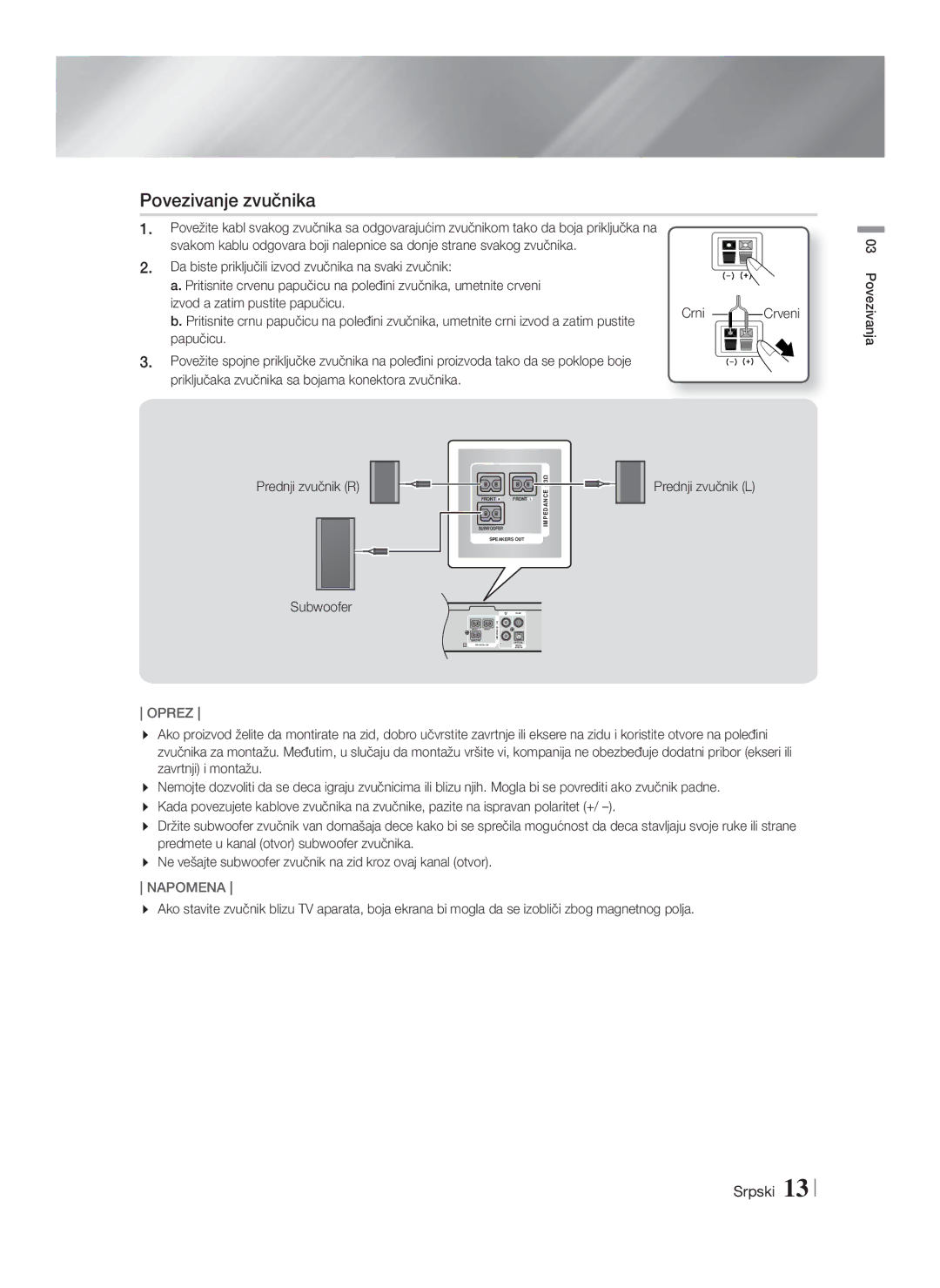 Samsung HT-F4200/EN manual Povezivanje zvučnika, Prednji zvučnik R 