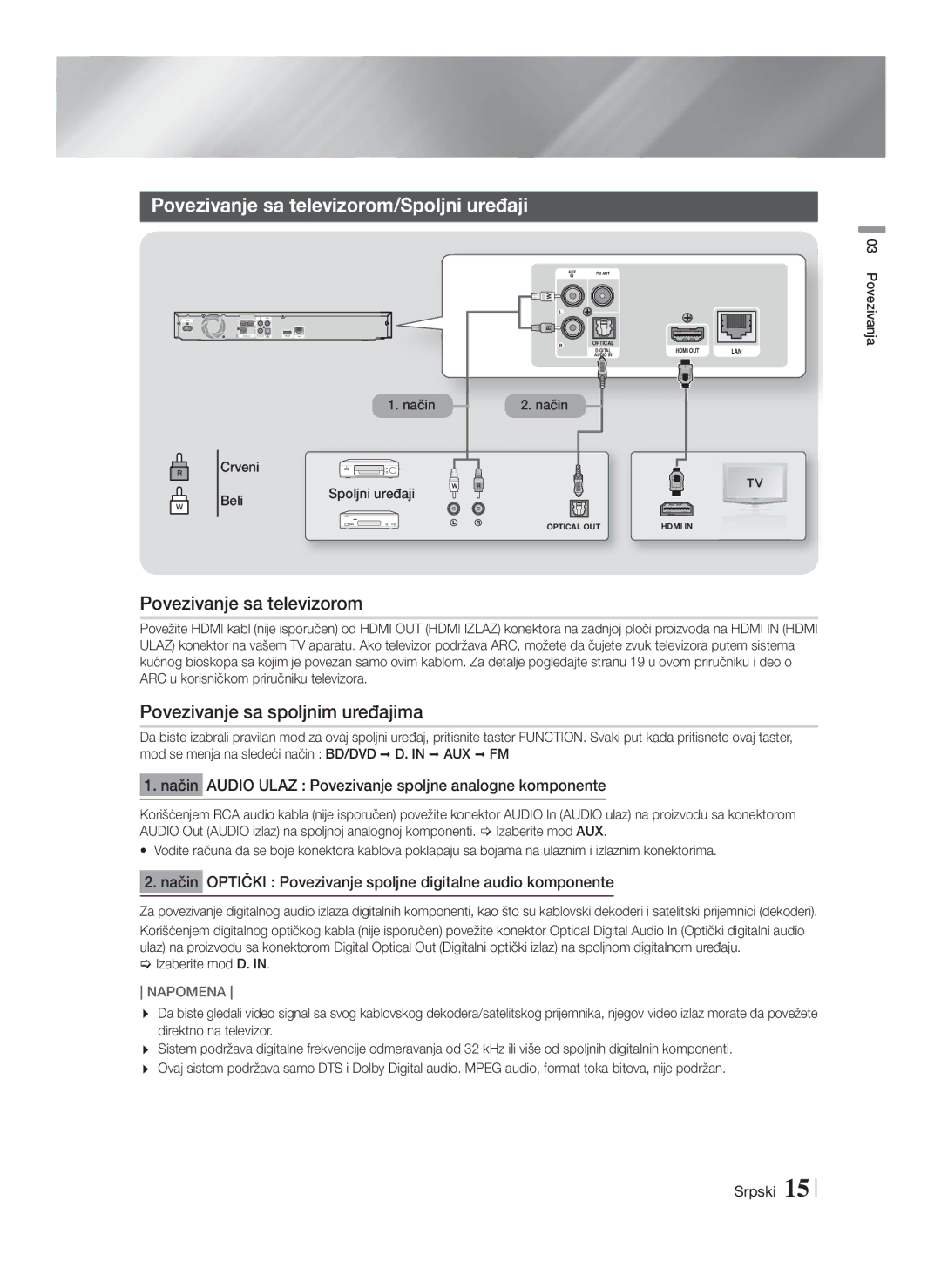 Samsung HT-F4200/EN manual Povezivanje sa televizorom/Spoljni uređaji, Povezivanje sa spoljnim uređajima 