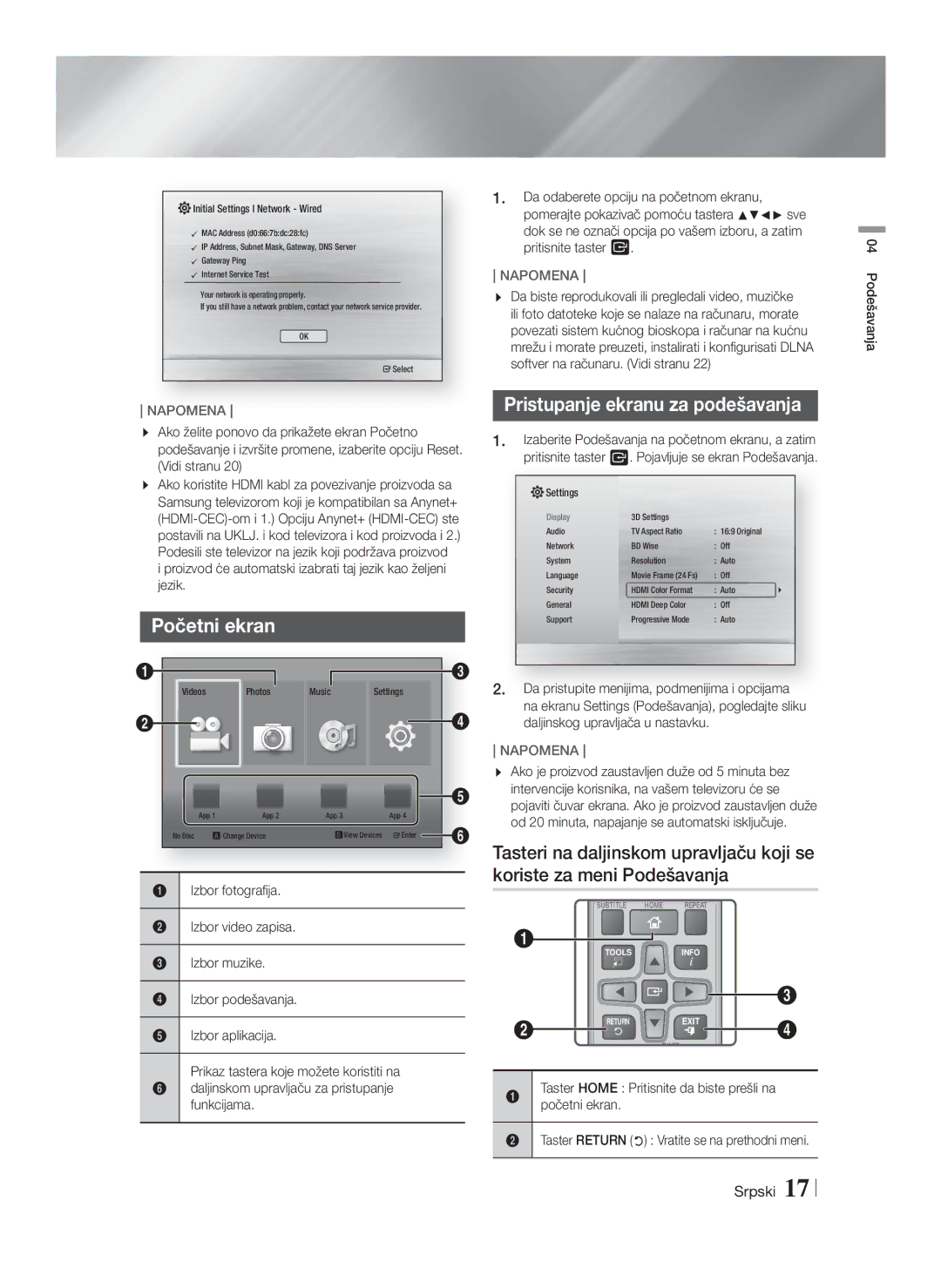 Samsung HT-F4200/EN manual Početni ekran, Pristupanje ekranu za podešavanja 