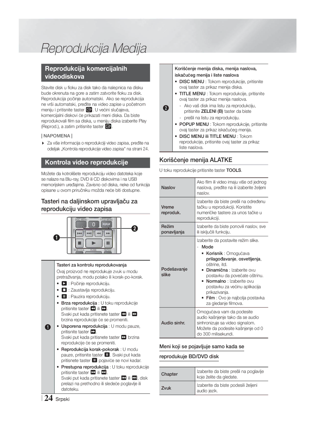 Samsung HT-F4200/EN manual Reprodukcija komercijalnih Videodiskova, Kontrola video reprodukcije, Korišćenje menija Alatke 