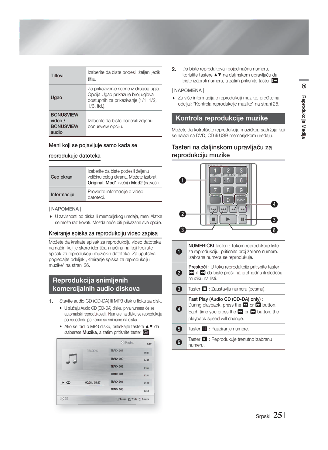 Samsung HT-F4200/EN manual Reprodukcija snimljenih Komercijalnih audio diskova, Kontrola reprodukcije muzike 