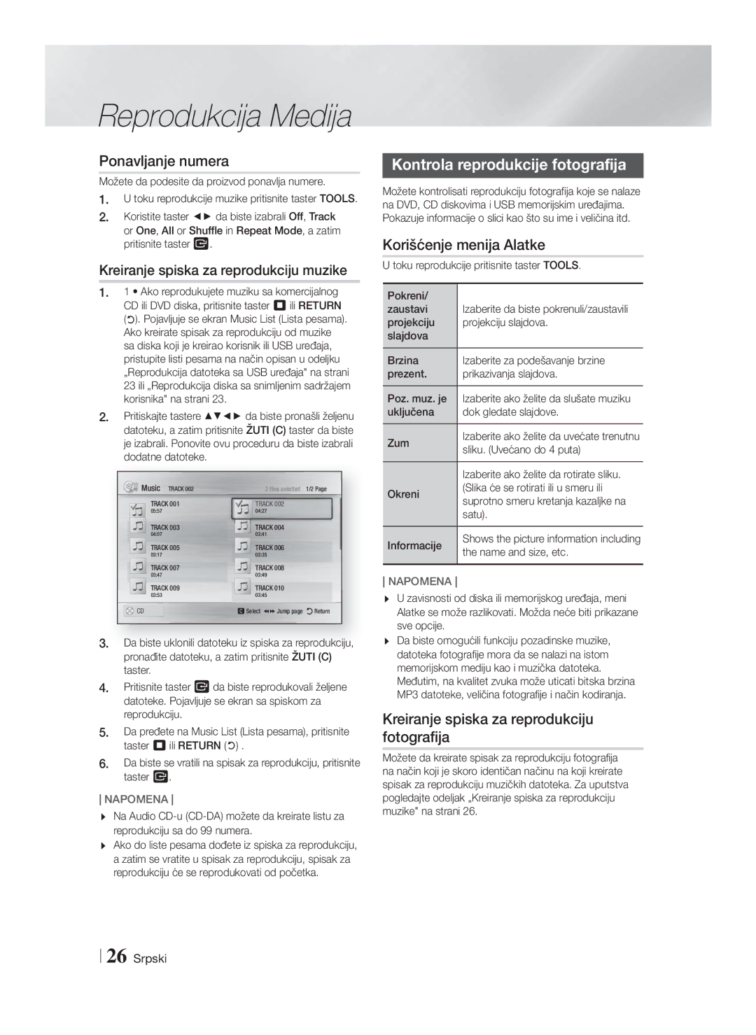 Samsung HT-F4200/EN Ponavljanje numera, Kontrola reprodukcije fotografija, Kreiranje spiska za reprodukciju fotografija 